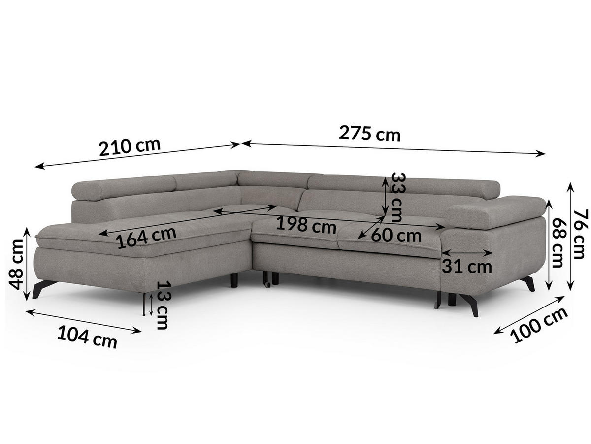 ECKSOFA mit Schlaffunktion und Bettkasten Bonnie aus Hellgrau Chenille-Stoff mit verstellbaren Kopfstützen und Armlehne - Ottomane links - Hellgrau/Schwarz, Holz/Textil (275/210cm) - S-Style Möbel