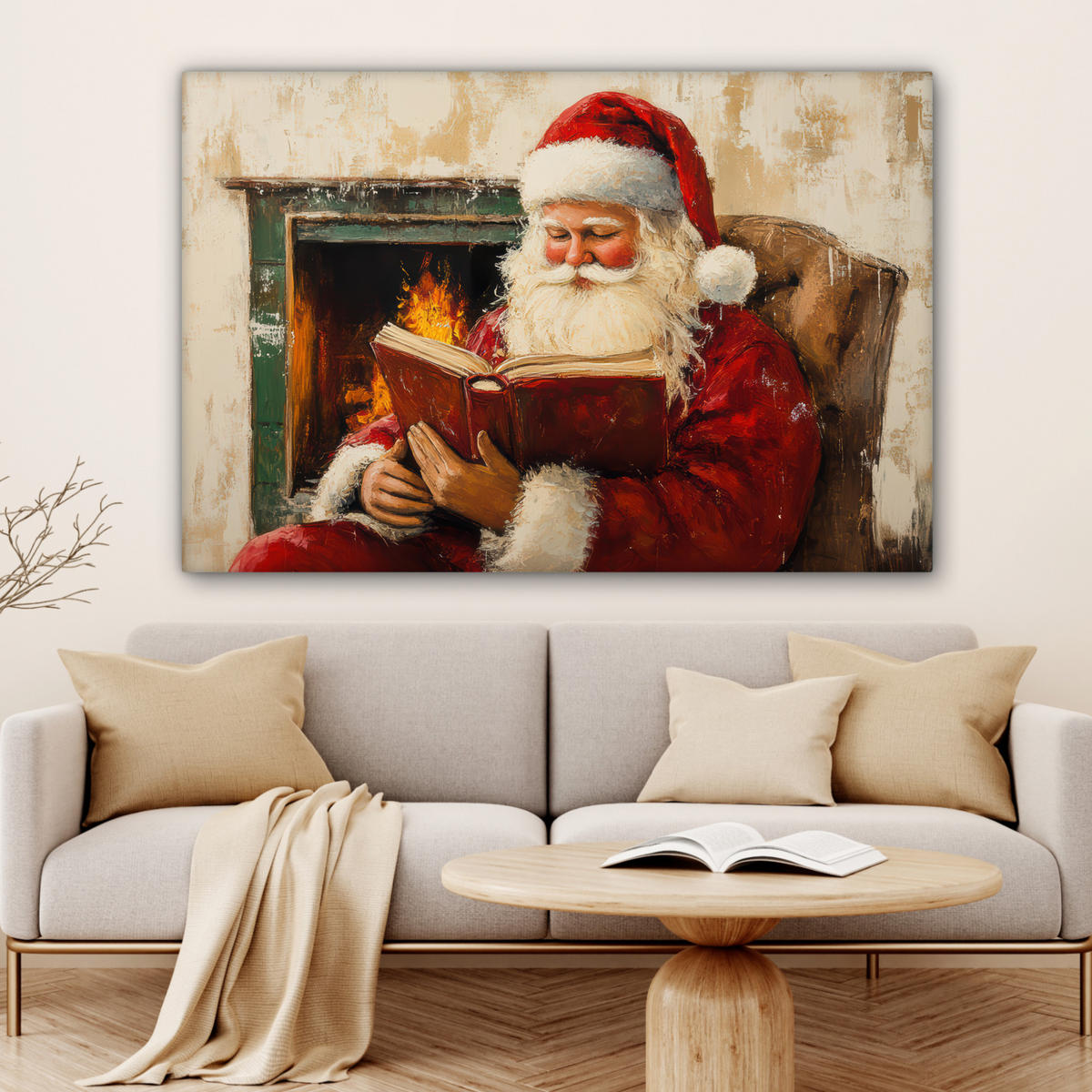 LEINWANDBILD Weihnachten - Weihnachtsmann - Winter - Open Fireside Wohnzimmer Groß 120x80 cm - Dunkelrot, Textil (120/80cm) - MuchoWow