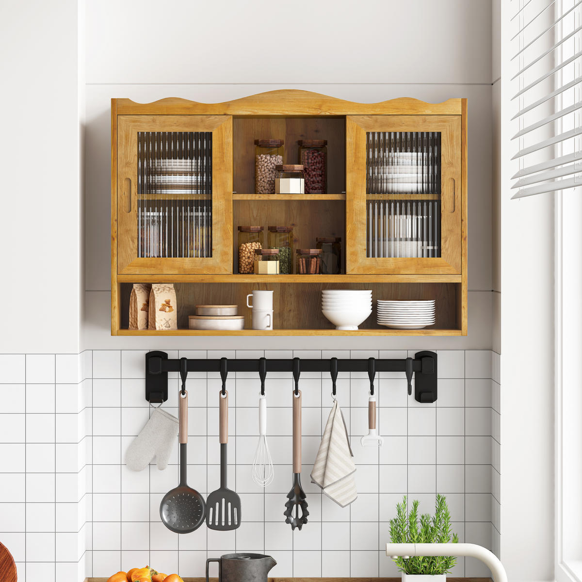 HÄNGESCHRANK 90/20/60 cm natur aus Massivholz und Glas mit Schiebetüren - Naturfarben, Glas (90/60/20cm) - OKWISH