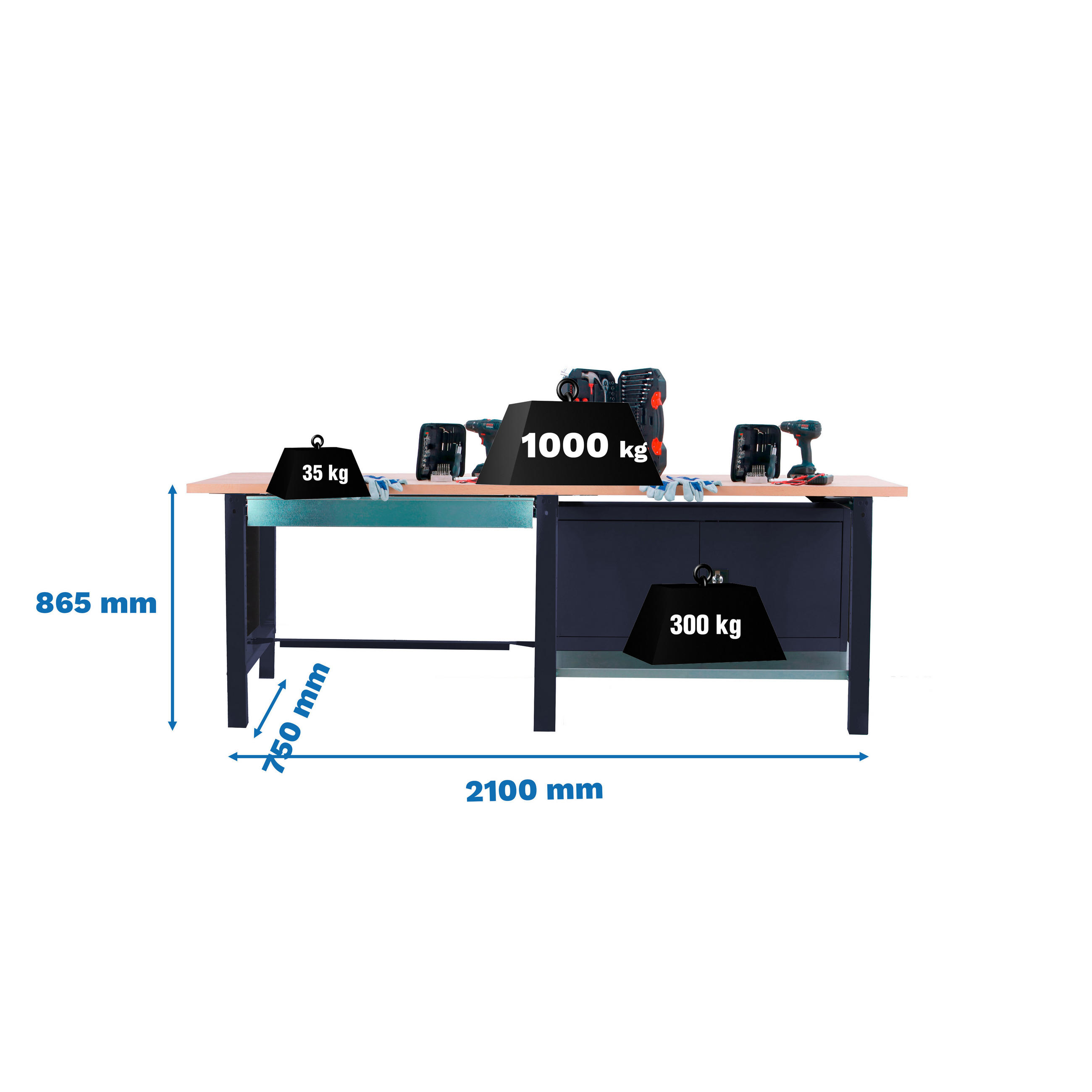 WERKBANK Buffalo Wood mit 1x Schublade und Schrank HxBxT 86,5 x 210 x 75 cm Traglast 1000 kg Anthrazit - Anthrazit, Metall (210/86.5/75cm) - PROREGAL