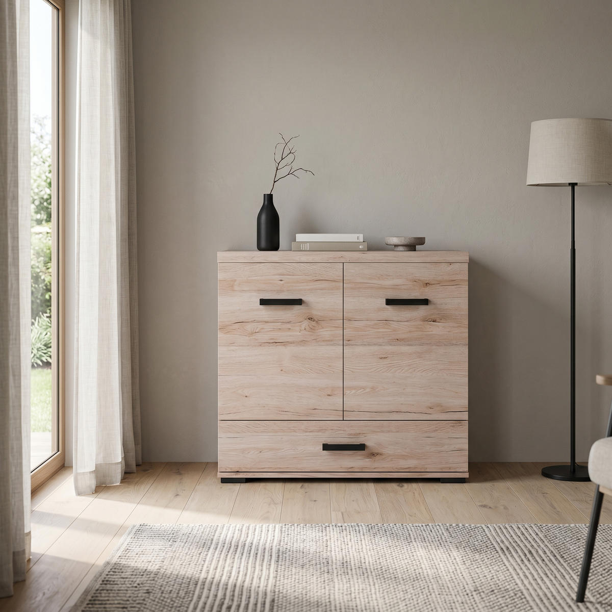 KOMMODE LIVORNO 90/85/40cm mit 1 Schubladen 2 Türen Eichefarben - Eichefarben, Holzwerkstoff (90/85/40cm) - MASSENO