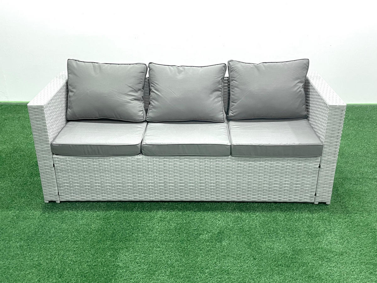 GARTENSET mit 3-SITZER SOFA,COUCHTISCH Polyrattan Hellgrau-Mix 6-Sitzer - Hellgrau/Grau, Glas/Kunststoff - Fimous