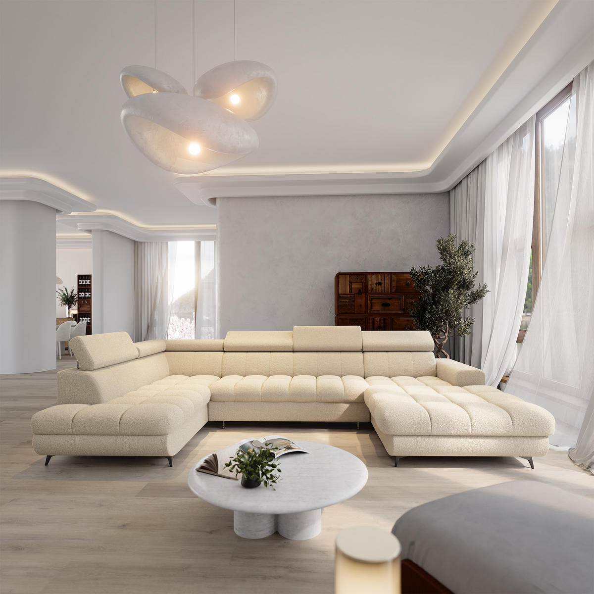 WOHNLANDSCHAFT CORENO Creme Boucle-Stoff mit Schlaffunktion - Creme, Holz (345/88/190cm) - MASSENO