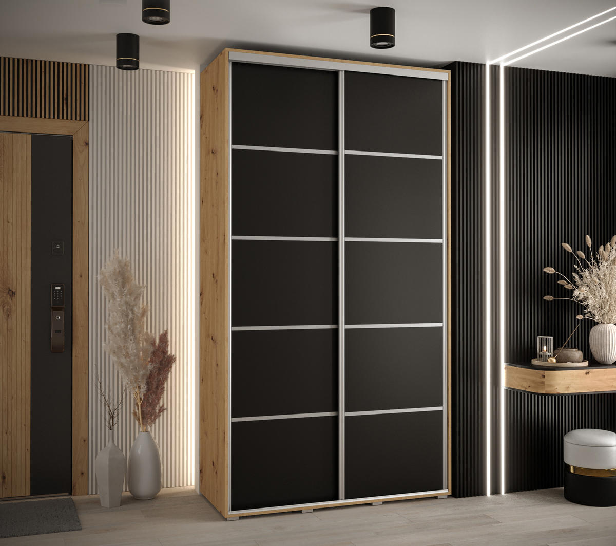 SCHWEBETÜRENSCHRANK 235,2/140/45 2-türig - Silberfarben/Schwarz, Holz/Metall (140/235/45cm) - Abiks Möbel