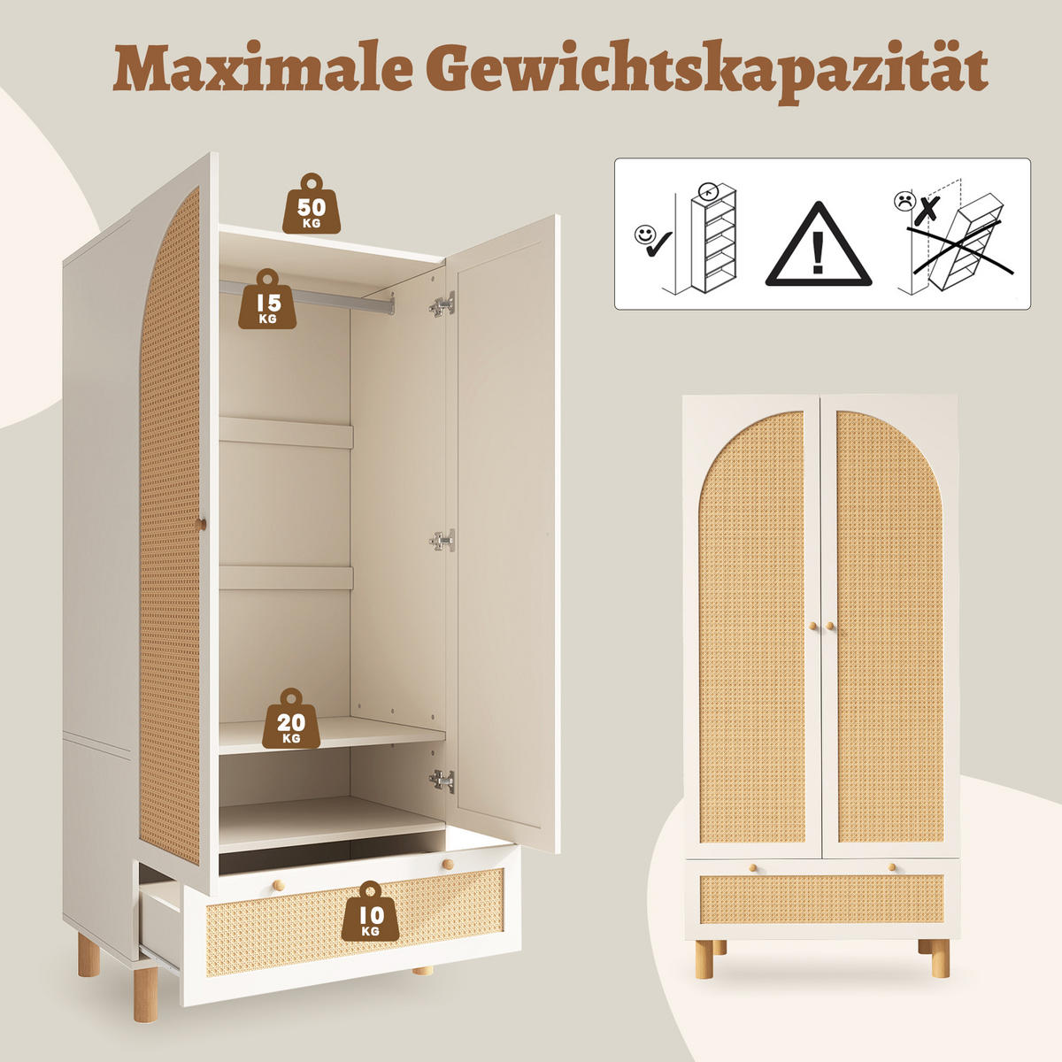 KLEIDERSCHRANK Weiß mit Rattan & Schublade Landhausstil 180×85×52 cm - Weiß, Holzwerkstoff (85/181/52cm) - Urban Meuble