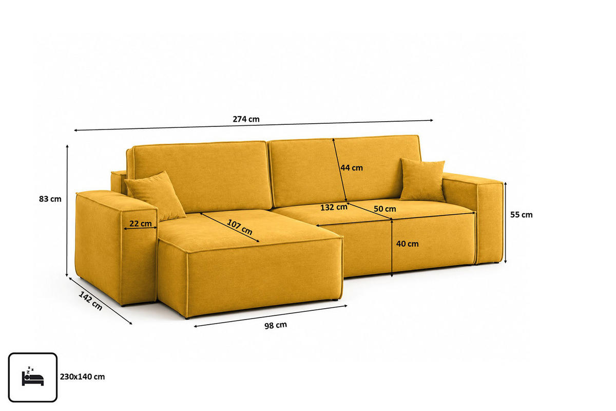 ECKSOFA L-Form Mit Schlaffunktion Und Bettkasten, Veloursstoff Bluvel, Golden, Links, BEST XL - Goldfarben, Holz (274/142cm) - Kaiser Möbel