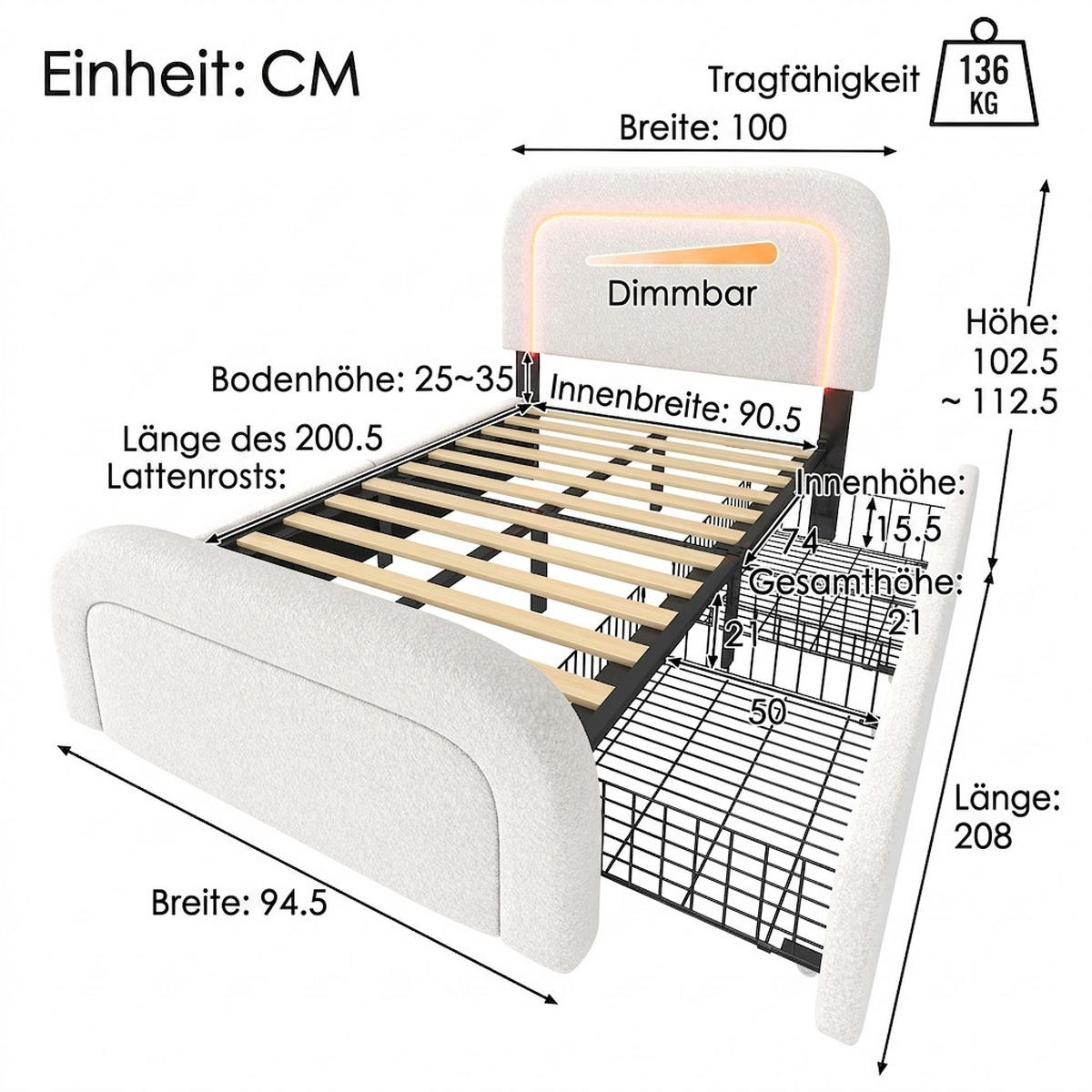 POLSTERBETT 90/200 cm Weiß mit USB Typ C Ladefunktion LED-Beleuchtung und 2 Schubladen - Weiß, Textil (90/200cm) - Oxeza