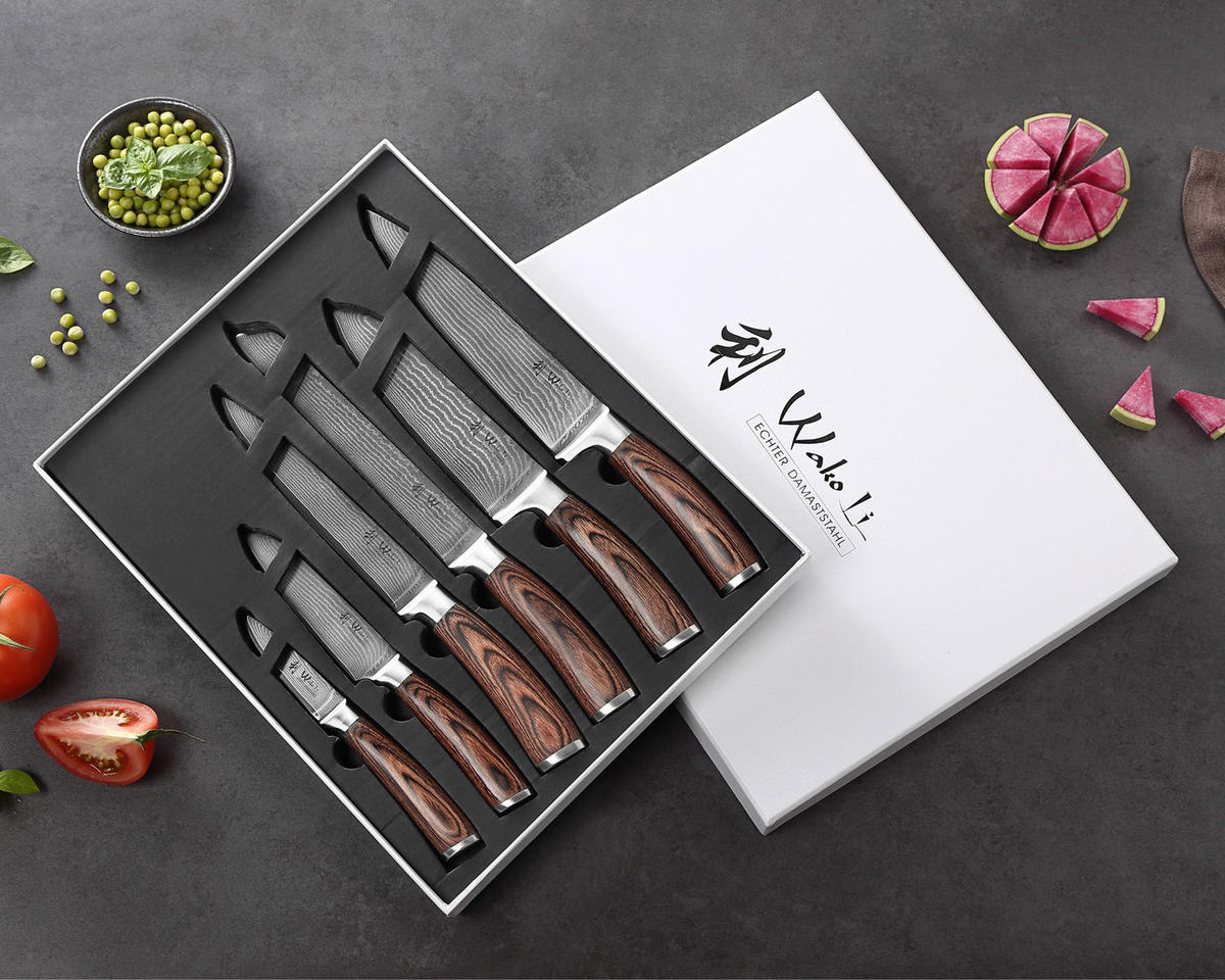 DAMASTMESSER Set 6 tlg. I EDIB - Braun, Holz/Metall - Wakoli