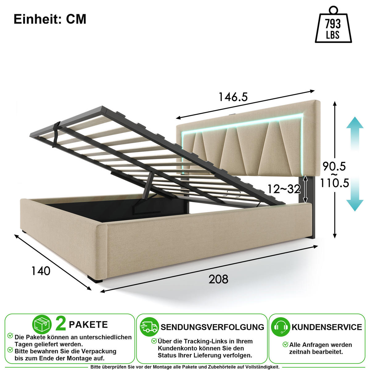 POLSTERBETT 140/200 cm in Beige mit Bettkasten, LED und USB/Type-C Leinen - Beige, Holzwerkstoff/Textil (140/200cm) - CHICFURN