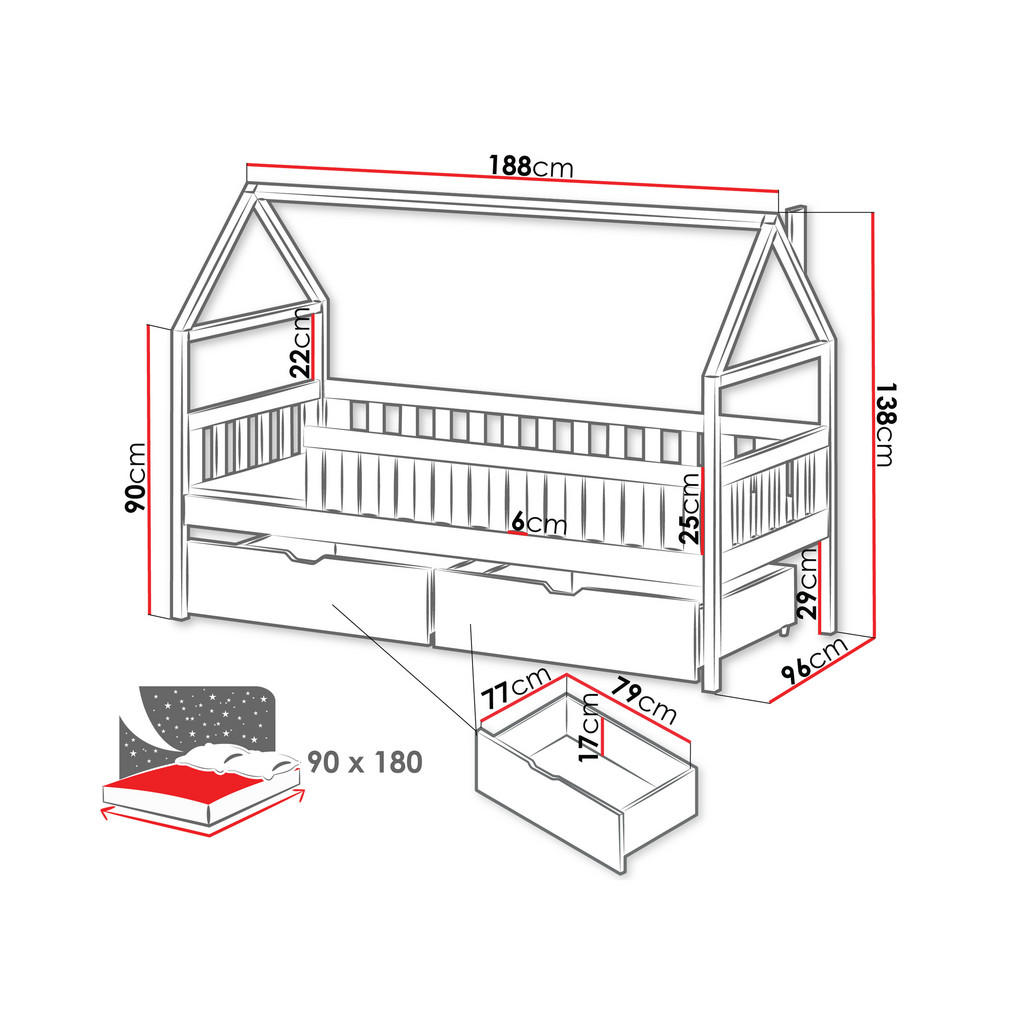 Thumbnail - Mirjan24 Hausbett, Kaschmir, Holz, Kiefer, 2 Schubladen, Rechteckig, 90x180 cm, FSC 100%, Kinder- & Jugendzimmer, Kinder...