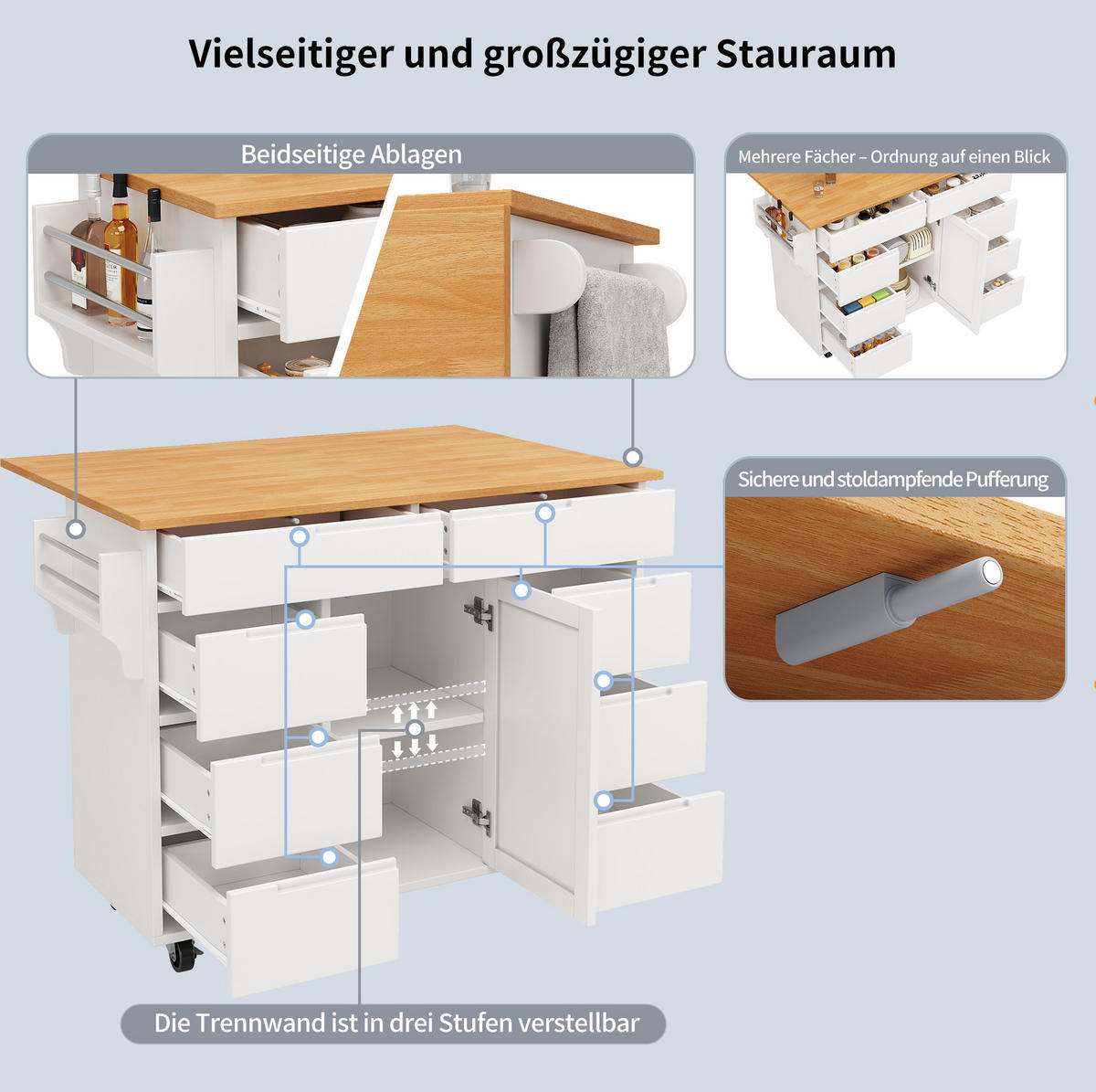 KÜCHENWAGEN 122x74.5x91.5cm Weiß mit 8 Schubladen & 5 Rollen - Weiß, Holzwerkstoff (122/91.5/74.5cm) - Modfu