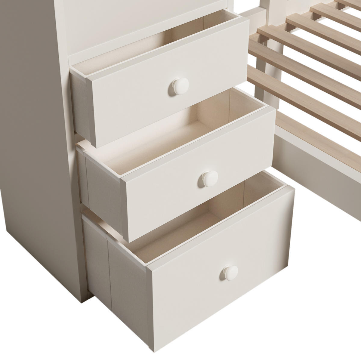 ETAGENBETT 90/200 cm & 90/200 cm in Weiß mit Schrank, 3 Schubladen, Regal und LED - Weiß, Holzwerkstoff (90/200cm) - STILVORA