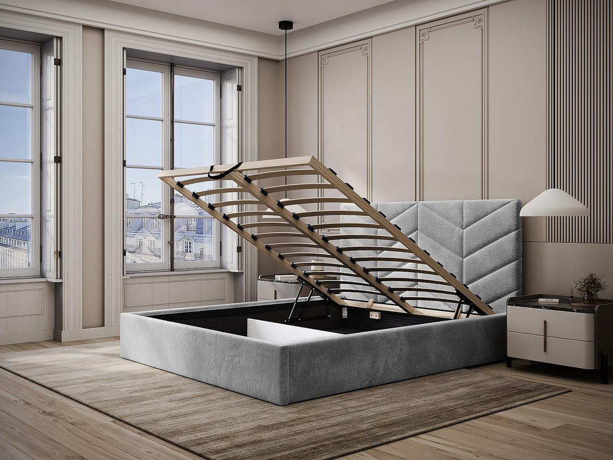 BETT mit Bettkasten - 2 Personen - Stoff - Grau - Grau, Textil (180/200cm) - Vente-Unique