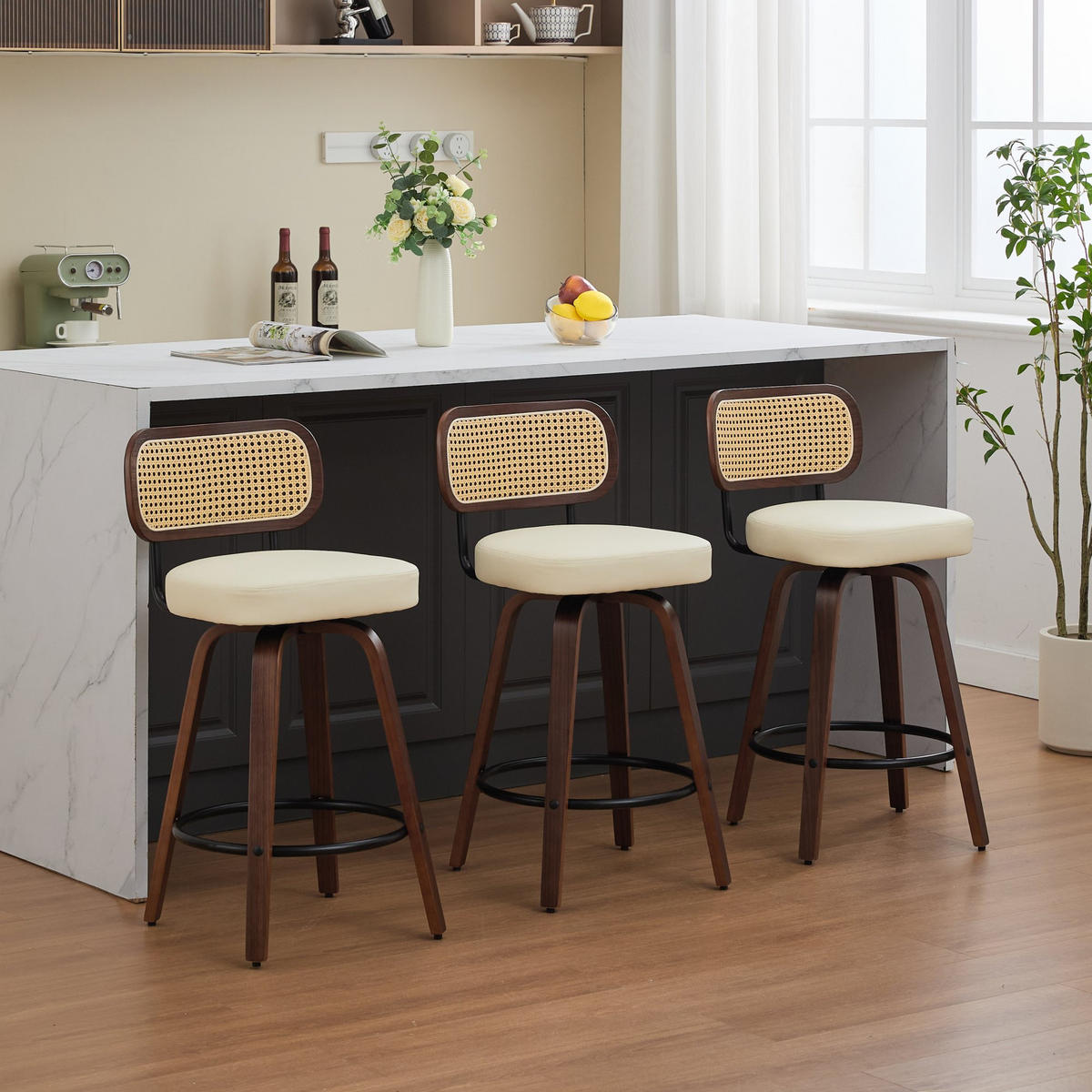 BARHOCKER 3er-Set Beige mit Rattan-Rückenlehne und 360° Drehfunktion - Beige, Leder (56/90/43cm) - PANGIVO