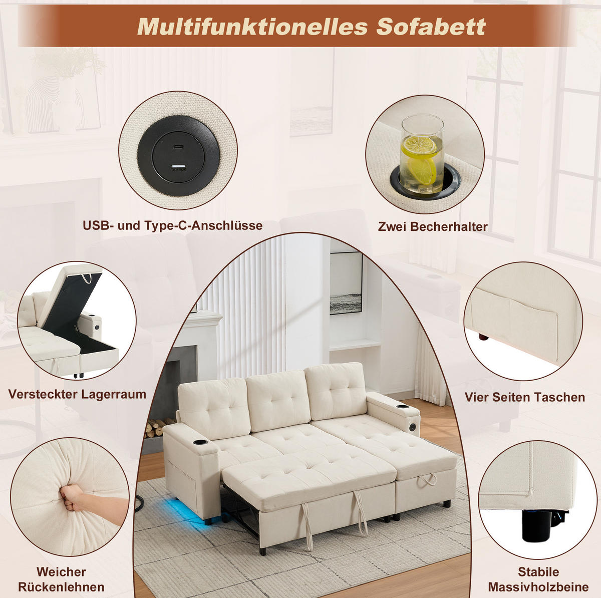 SCHLAFSOFA 208/146/89,5 cm in Beige – mit Bettkasten und LED - Beige, Textil (146/89.5/208cm) - BEAOK