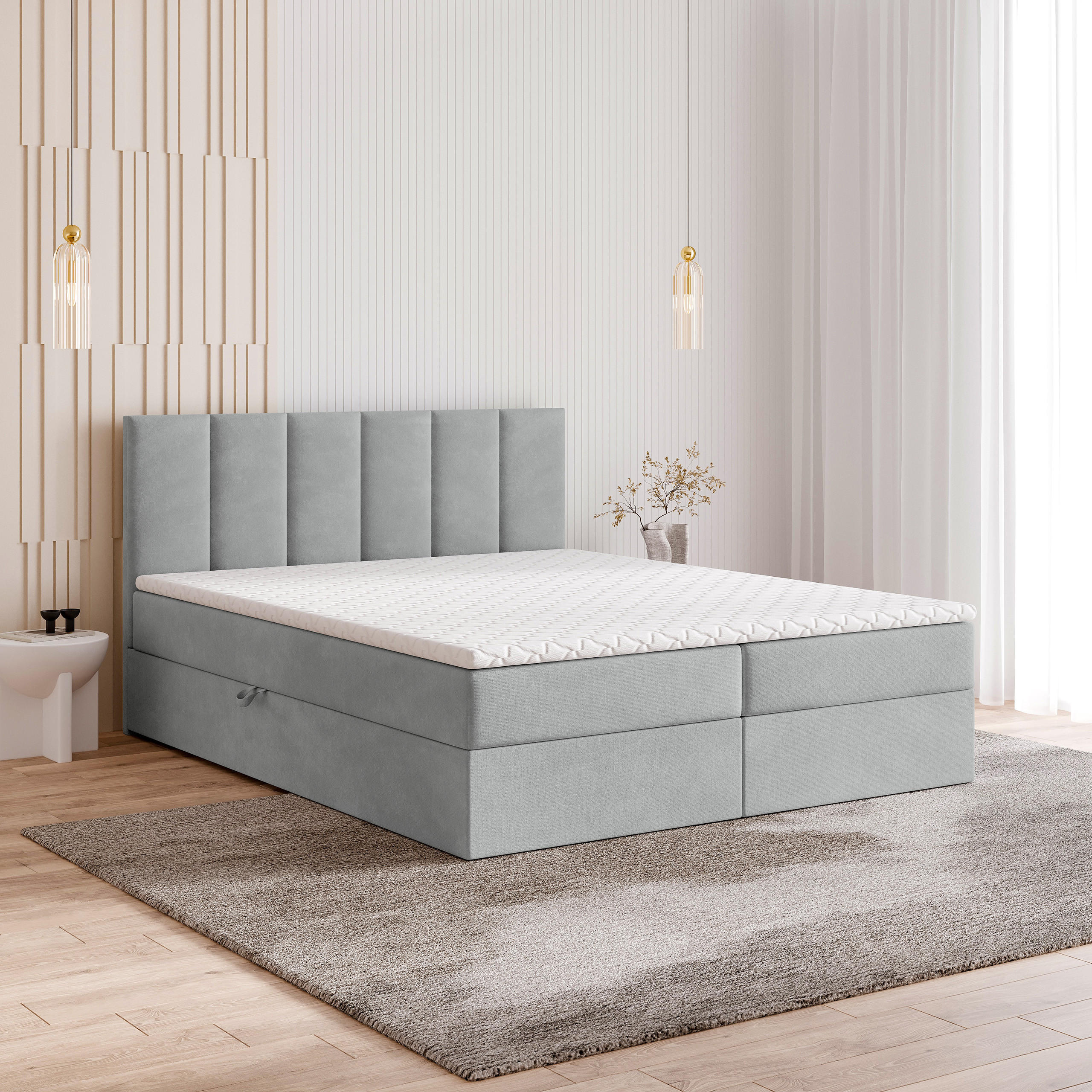 BOXBETT MERIL 160x200 cm mit Matratze und Topper - Hellgrau - Hellgrau, Holz (160/200cm) - MASSENO