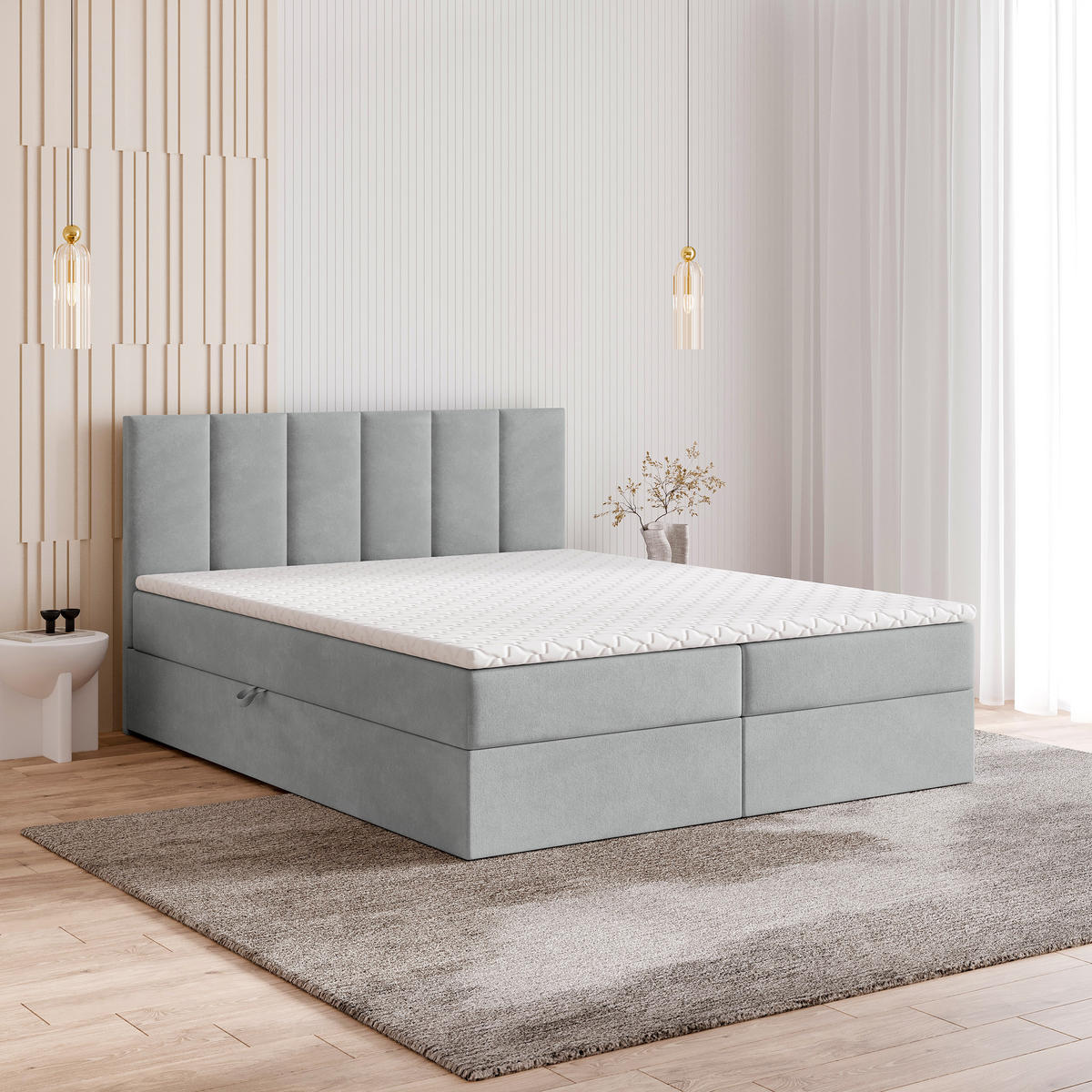 BOXBETT MERIL 180x200 cm mit Matratze und Topper - Hellgrau - Hellgrau, Holz (180/200cm) - MASSENO