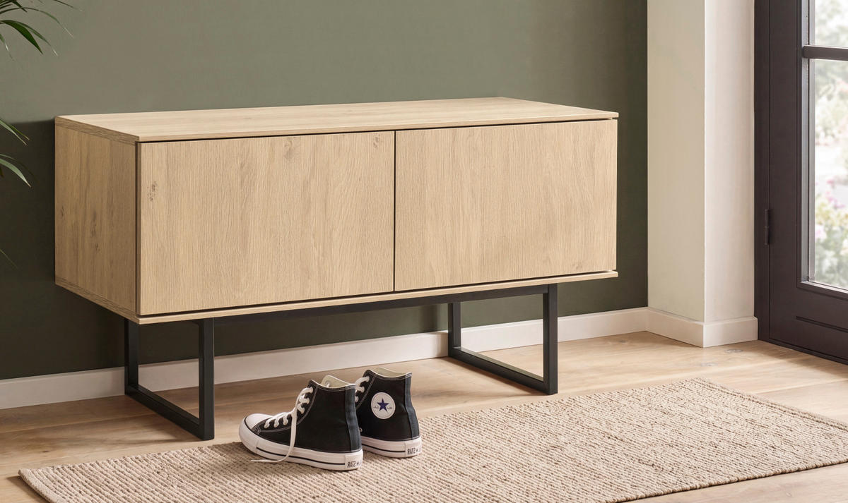 GARDEROBENBANK Stone Eiche 90 cm, Sitzbank mit Push-to-Open - Eichefarben/Schwarz, Holzwerkstoff/Metall (90/49/40cm) - Furn.Design
