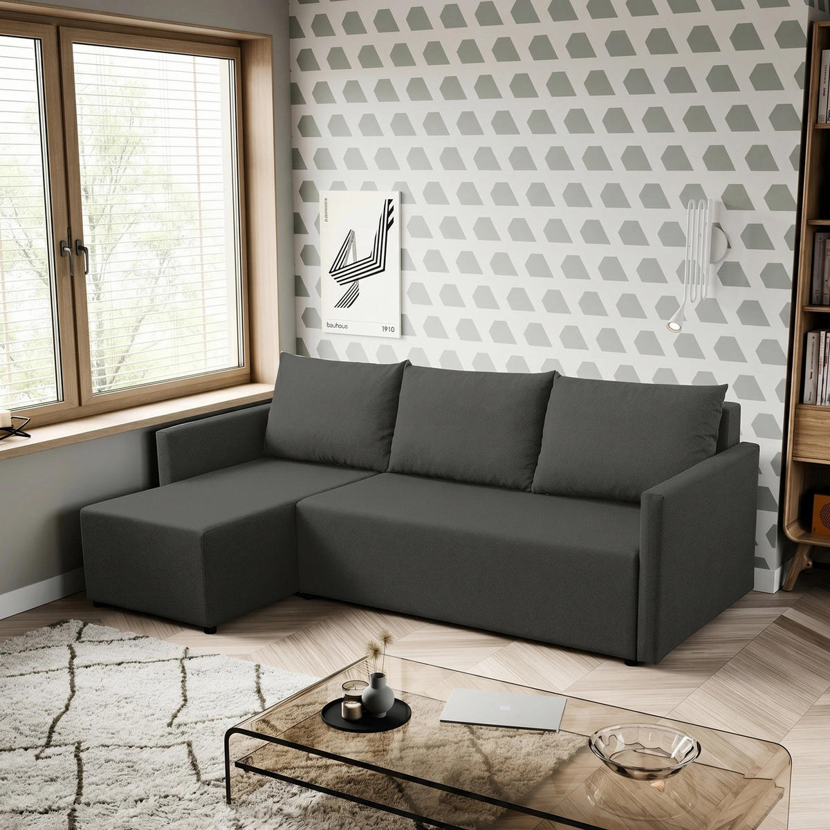 ECKSOFA Solid mit Schlaffunktion und Bettkasten - Dunkelgrau, Holz/Holzwerkstoff (217/138cm) - Ravio
