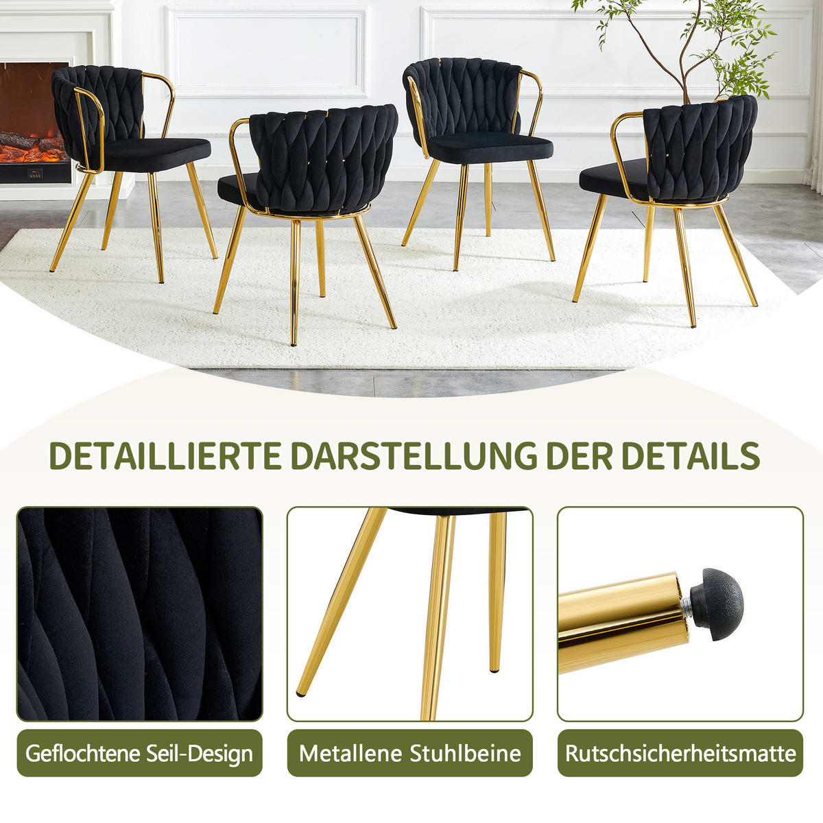 ESSZIMMERSTUHL 2ER-SET aus Samt mit goldenen Beinen, ergonomisch gepolstert - Schwarz, Textil (43/76/58cm) - Urban Meuble
