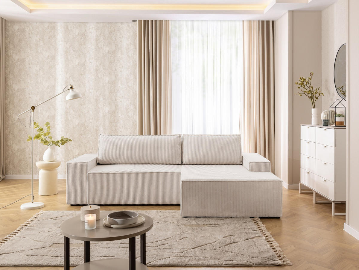 ECKSOFA Rivio mit Schlaffunktion und Bettkasten, Cordstoff Beige - Beige/Schwarz, Holz/Kunststoff (262/149cm) - S-Style