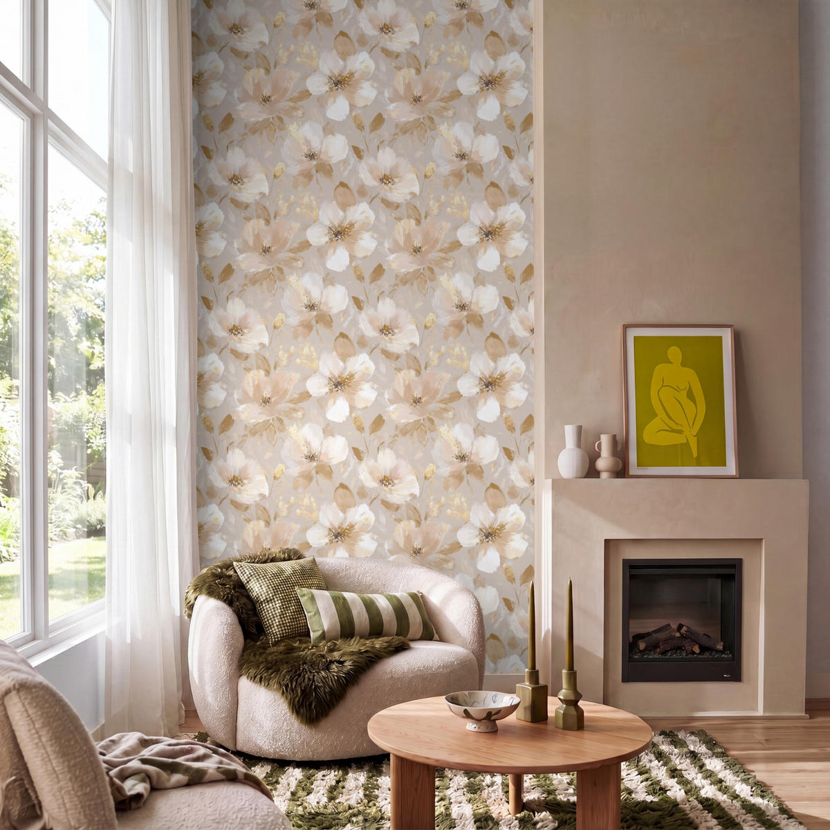 TAPETE - Blumen - künstlerisch - Gold - 140x300 cm - Beige, Papier (140/300cm) - OnlyWow