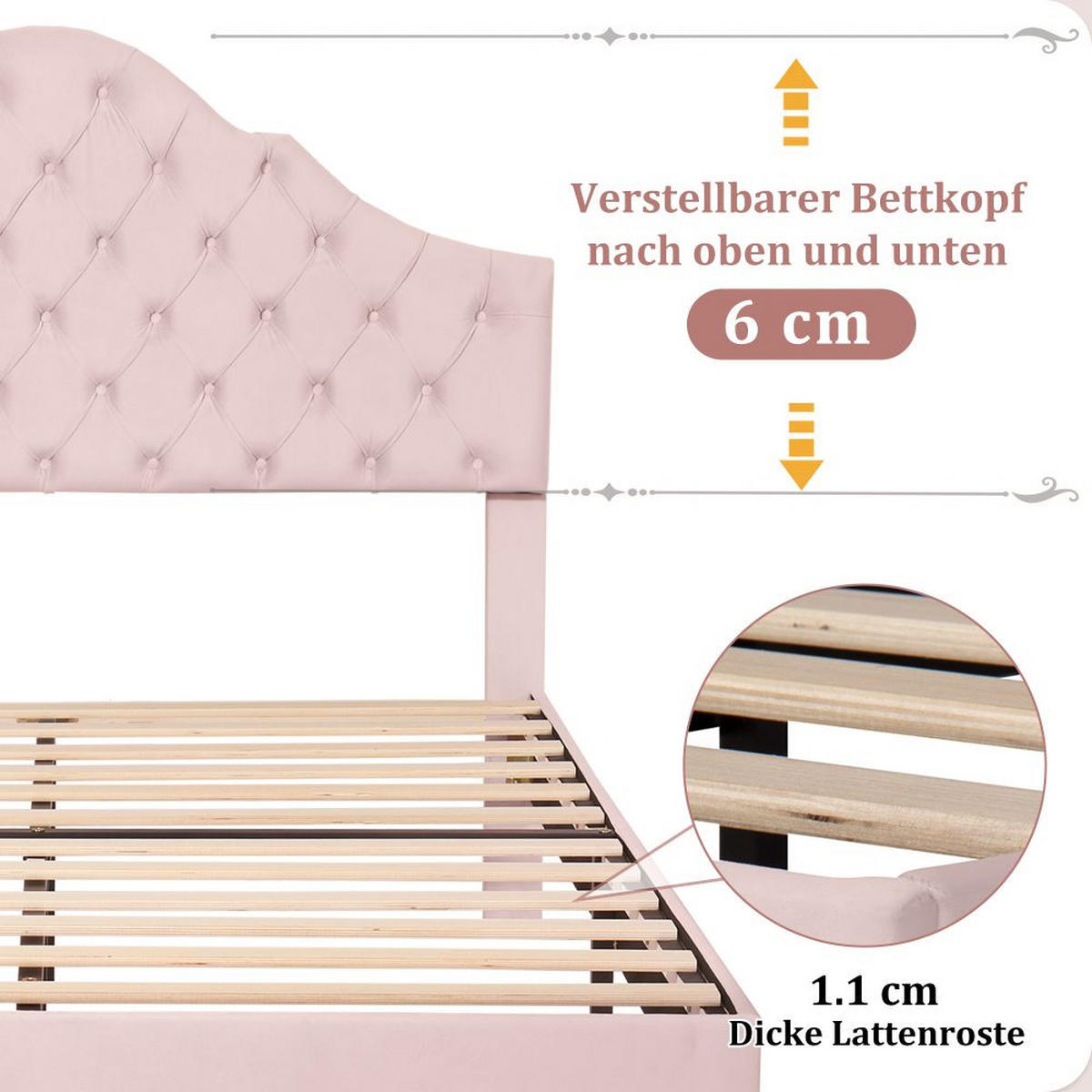 POLSTERBETT 140/200 cm in Rosa Samt,Höhenverstellbares - Pink, Holz/Textil (140/200cm) - KOMHTOM