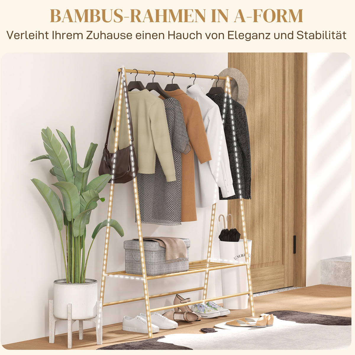 GARDEROBENSTÄNDER aus Bambus 116/43,5/160 cm mit Kleiderstange, 2 Haken und Schuhablage, Naturholz - Naturfarben, Naturmaterialien (116/160/43.5cm) - Redom