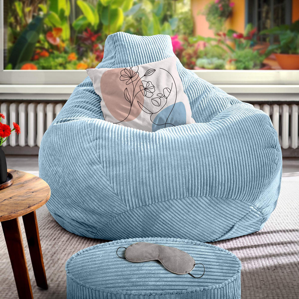 LOUNGE-SITZSACK Cozy + Fußhocker - Hellblau, Textil (80/90/90cm) - Green Bean