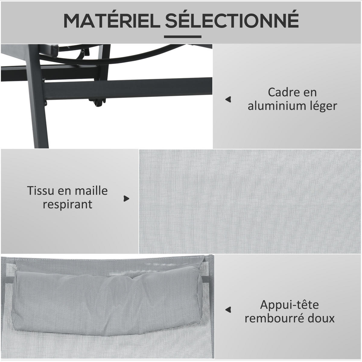 SONNENLIEGE DE-15611 Aluminium, 5-fach verstellbar mit Rollen Hellgrau - Hellgrau, Metall (55/90/164cm) - ComfortXL
