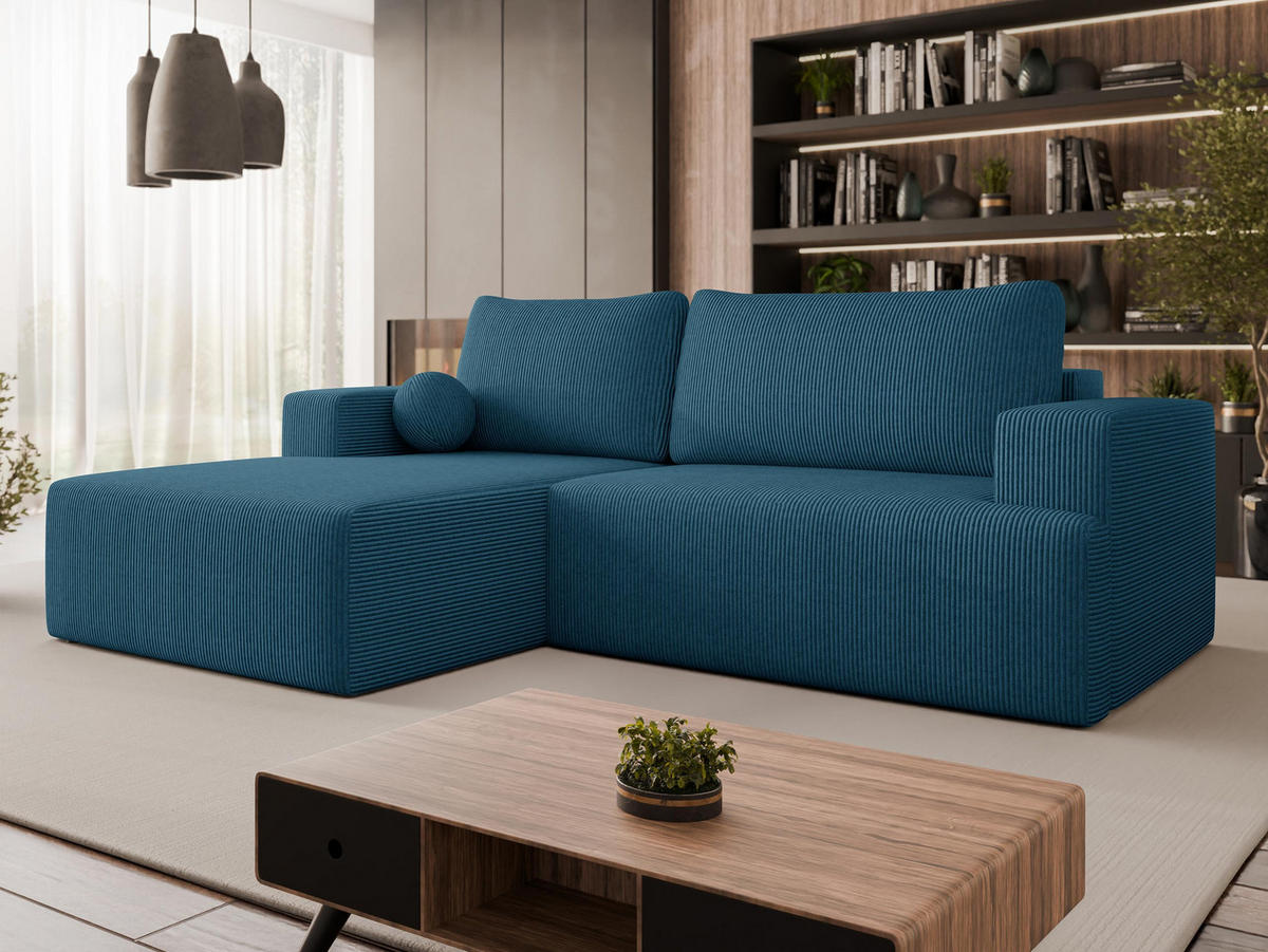 ECKSOFA Mivo Cord, Seite: Links - Blau/Schwarz, Holz/Kunststoff (266/163cm) - MIRJAN24