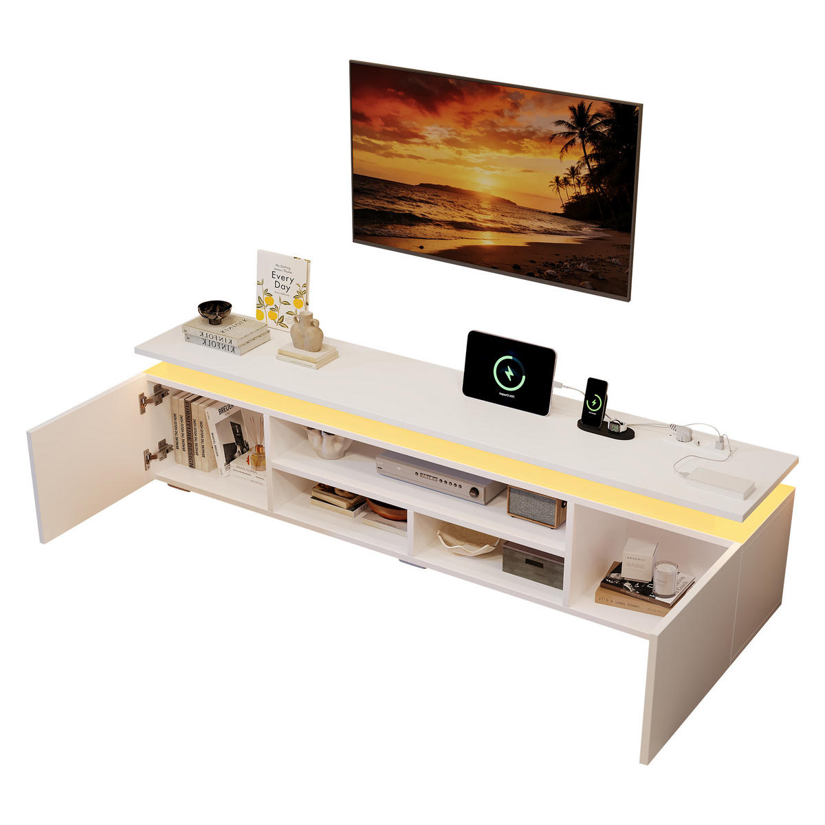TV niska komoda 180/35/42 cm u bijeloj boji s RGB LED rasvjetom i prostorom za odlaganje - bijela/crna, drvni materijal (180/42/35cm) - CHICFURN