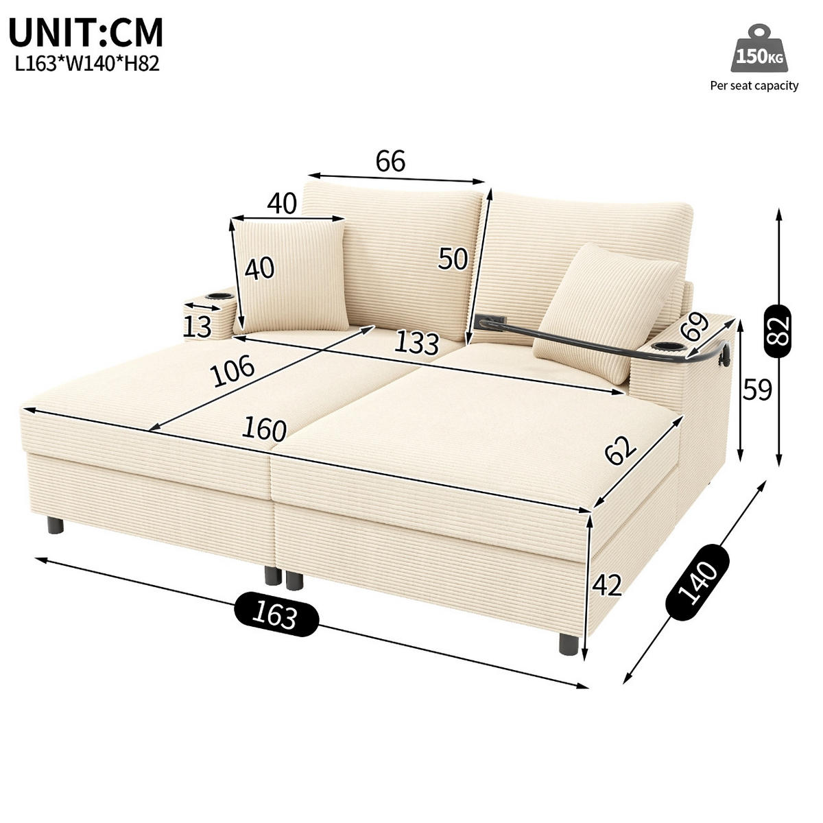 2-SITZER Schlafsofa Cord mit USB-Anschluss und Getränkehaltern Beige 163/140/82 cm - Beige, Textil (140/82/163cm) - Redom