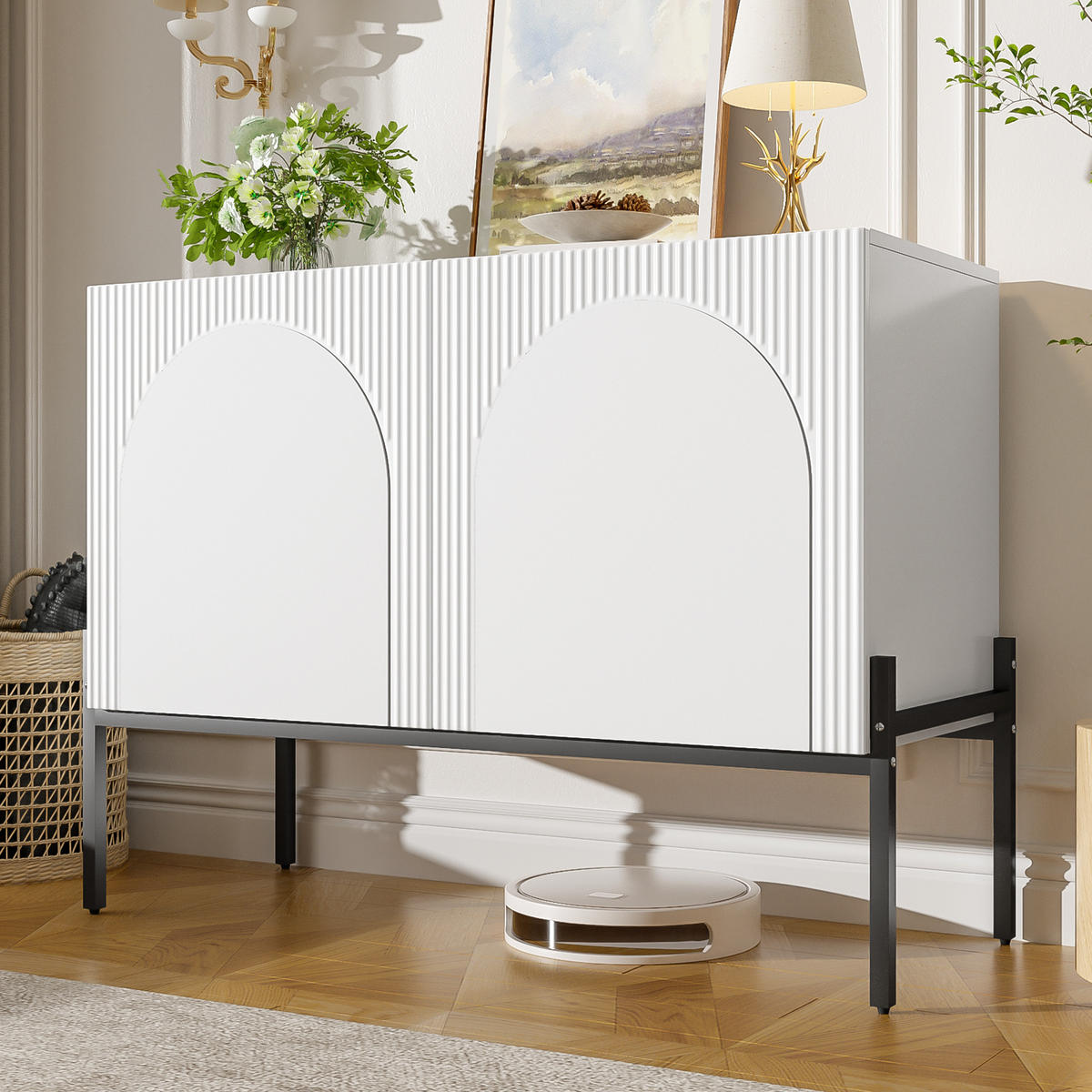SIDEBOARD Weiß 2 Türen Metallbeine Bogen Design 100cm Modern - Weiß, Holzwerkstoff (100/75/40cm) - FLIEKS