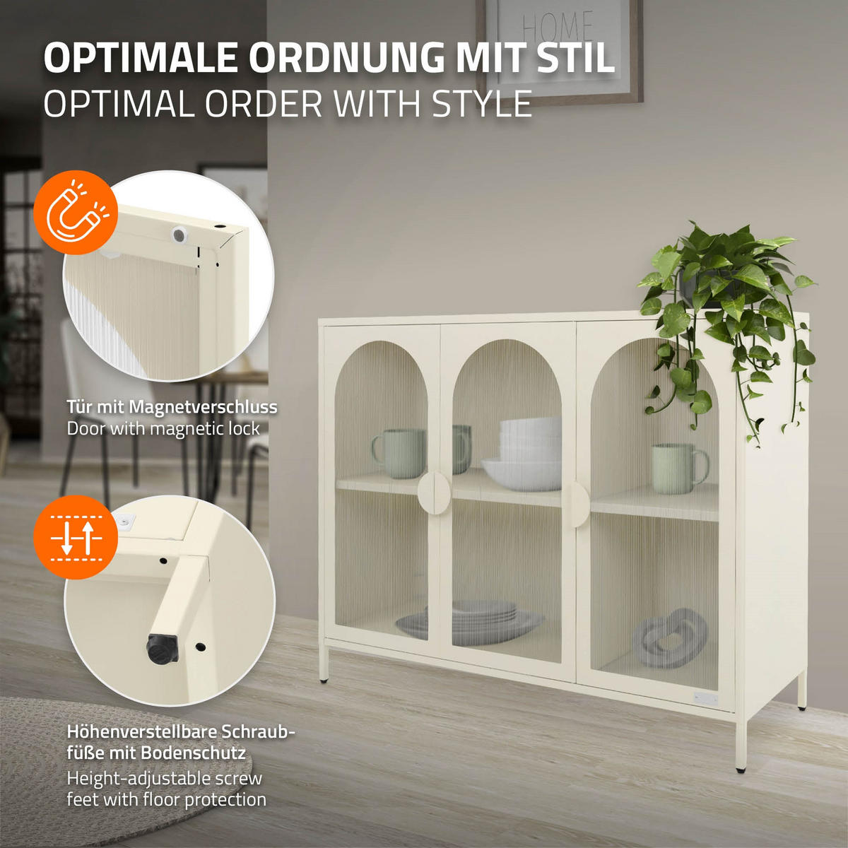 VITRINENSCHRANK aus Stahl 120x93x40 cm Creme mit 3 Türen - Creme, Metall (120/93/40cm) - ML-DESIGN