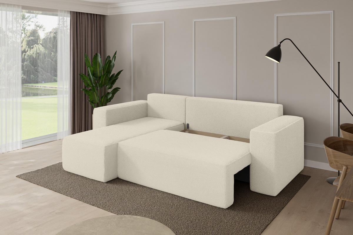 ROHOVÁ SEDAČKA s funkcí spaní, otoman vlevo SENO-L 249x139x85 béžová bouclé - černá/písková barva, kompozitní dřevo/textil (249/139cm) - ALTDECOR