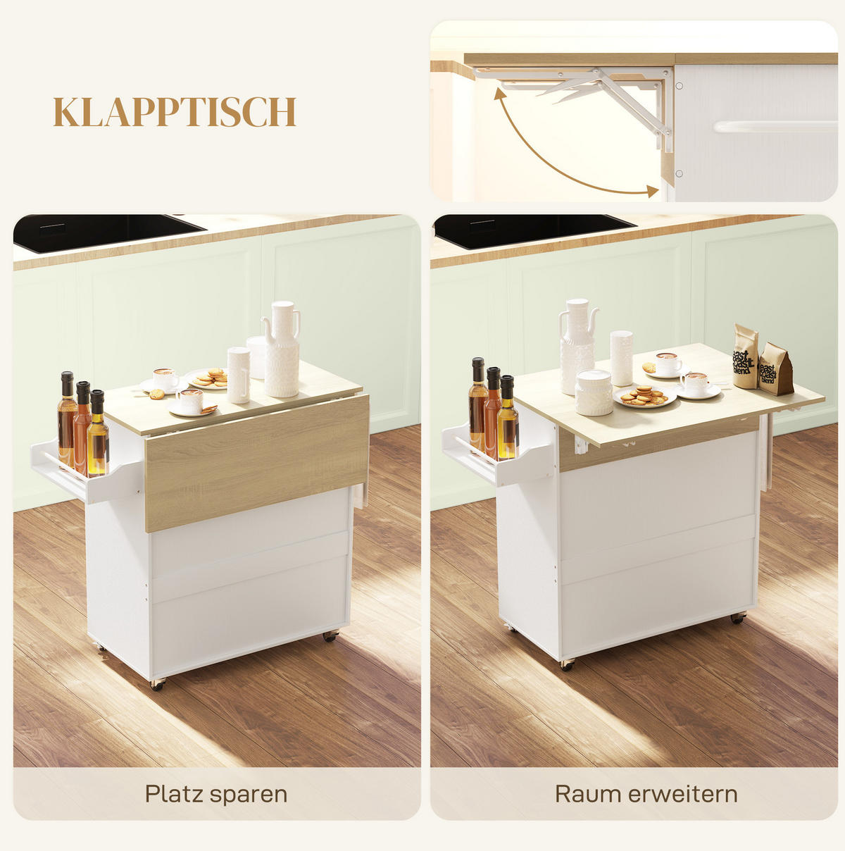 KÜCHENINSEL 106/42/87 cm in Weiß mit klappbarer Arbeitsplatte und Rollen - Weiß, Holzwerkstoff (106/87/42cm) - Flora Grace