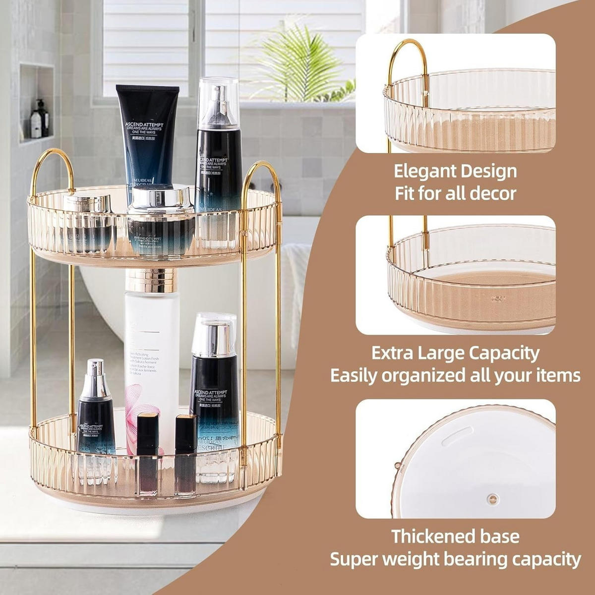 KOSMETIK-ORGANIZER, drehbar, 2-stöckig,Gold,23/23/32cm - Goldfarben, Kunststoff (23.5/10.5/23.5cm)