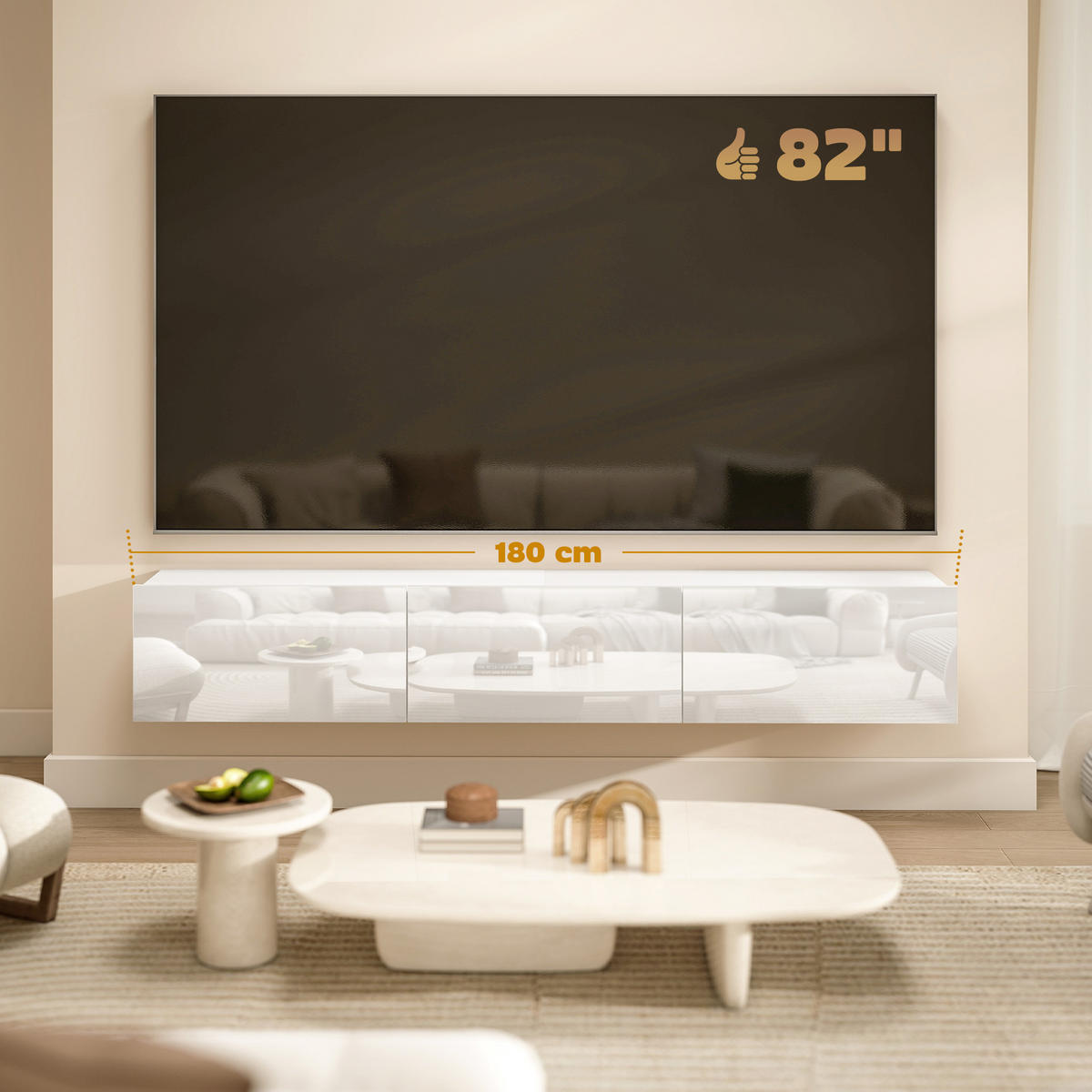 TV Schrank Lowboard hängend 180 cm für Fernseher bis zu 82 Zoll Weiß - Weiß Hochglanz/Weiß, Holzwerkstoff (31.5/29.8/180cm) - HOMCOM