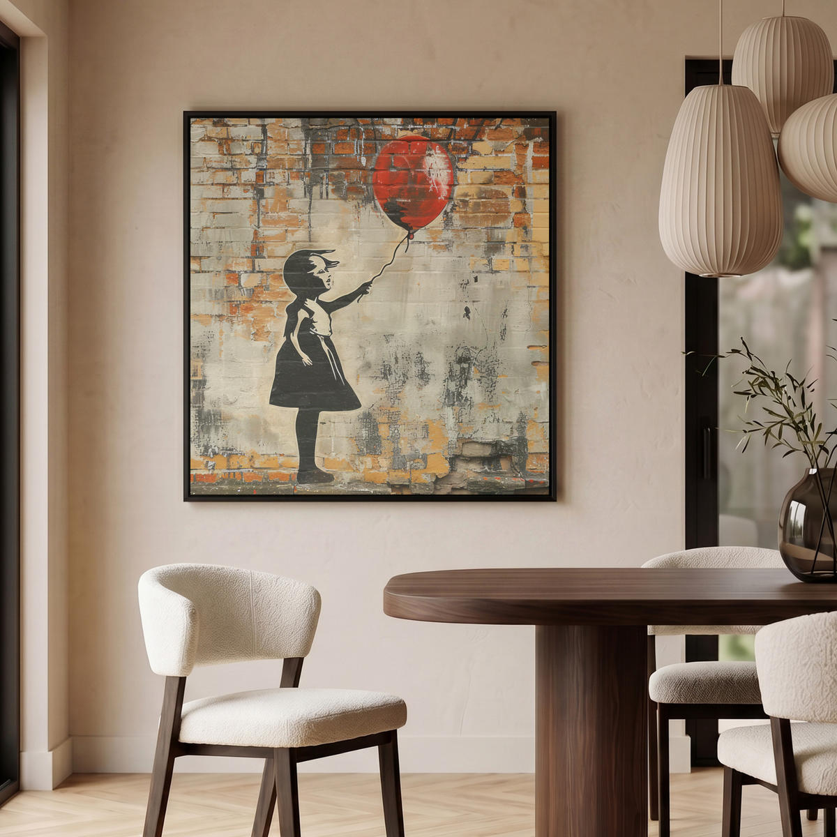 LEINWAND Bilder mit Rahmen - Graffiti - Banksy - Mädchen - Straßenkunst - 90x90 - Sandfarben, Textil (90/90cm) - MuchoWow