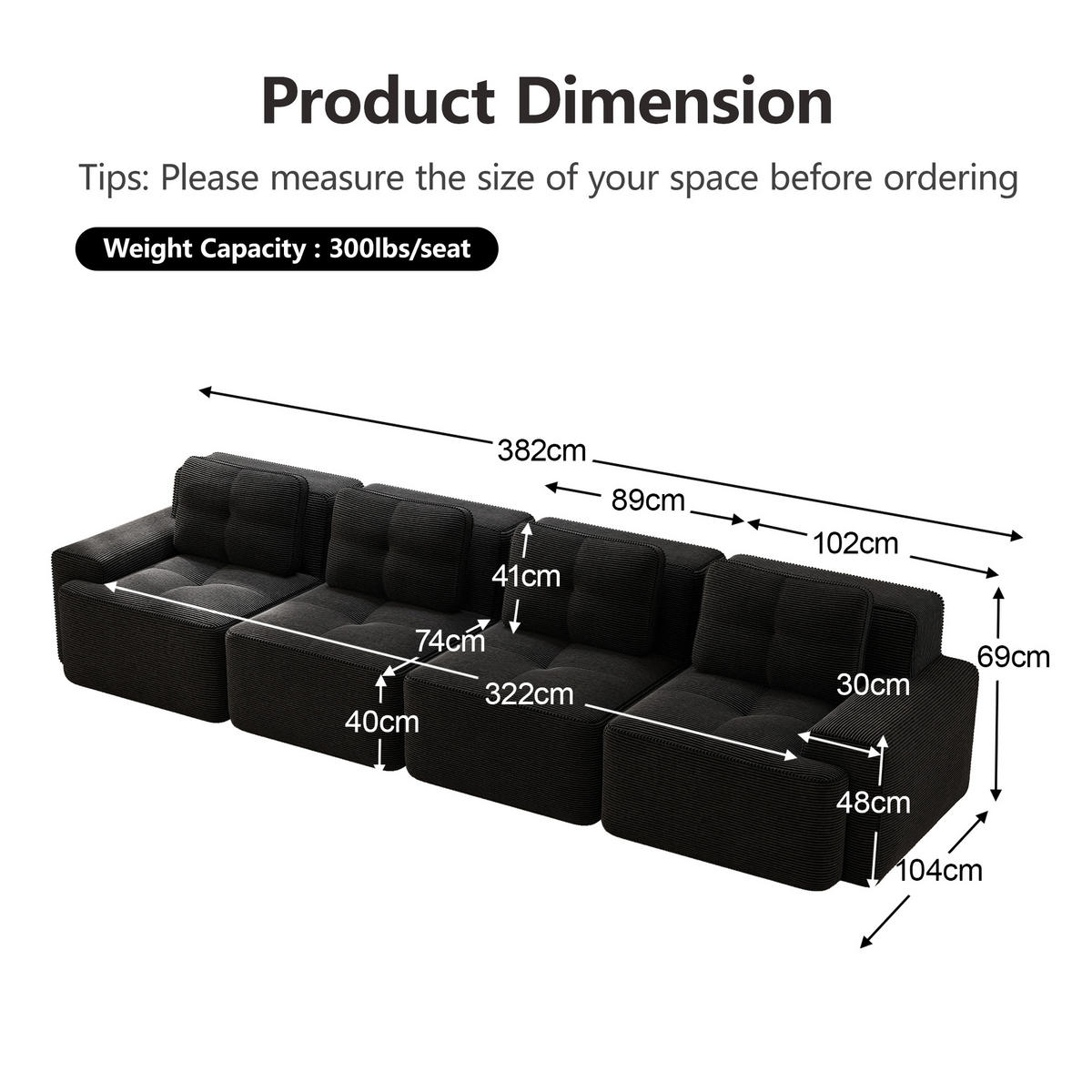 SOFA Modulares 4-Sitzer aus Cord mit boneless Design, schwarz - Schwarz, Textil (104/69/382cm) - Luhomfu
