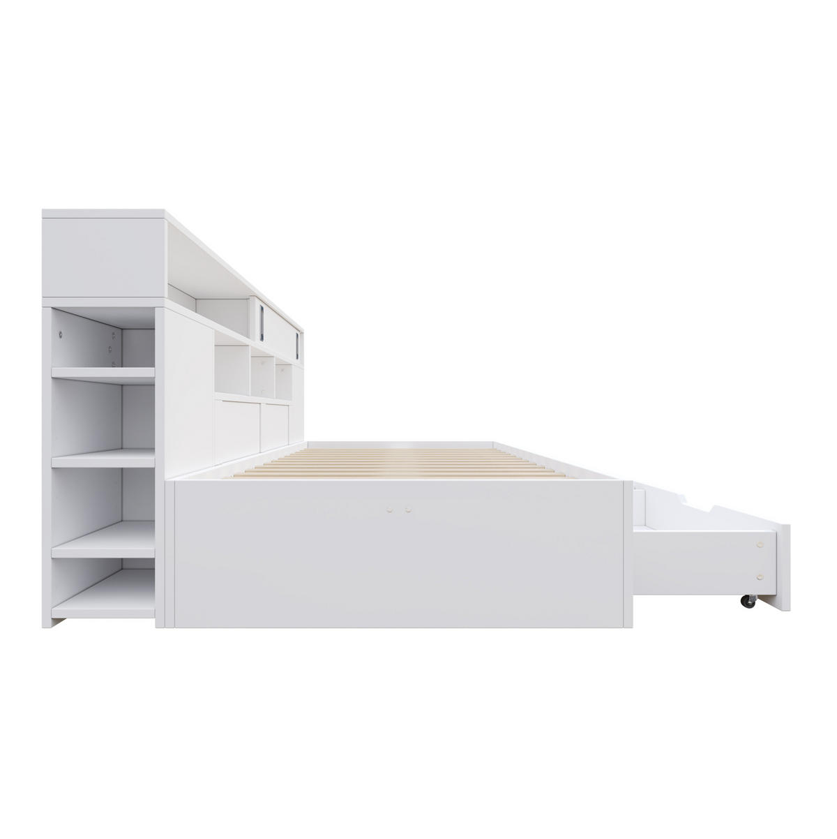 KINDERBETT 90/200 cm mit 2 Schubladen, Schiebetürschrank und verstellbaren Regalen, MDF, Weiß - Weiß, Holzwerkstoff (90/200cm) - Redom
