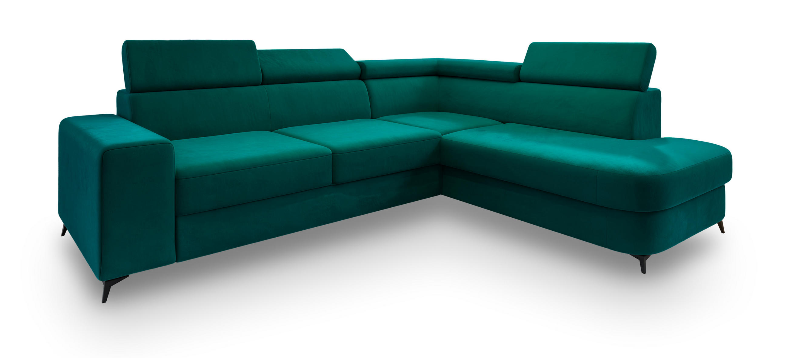 ECKSOFA ALVORO R-S Blau Velours-Stoff mit Schlaffunktion - Smaragdgrün, Holz (253/190cm) - MASSENO