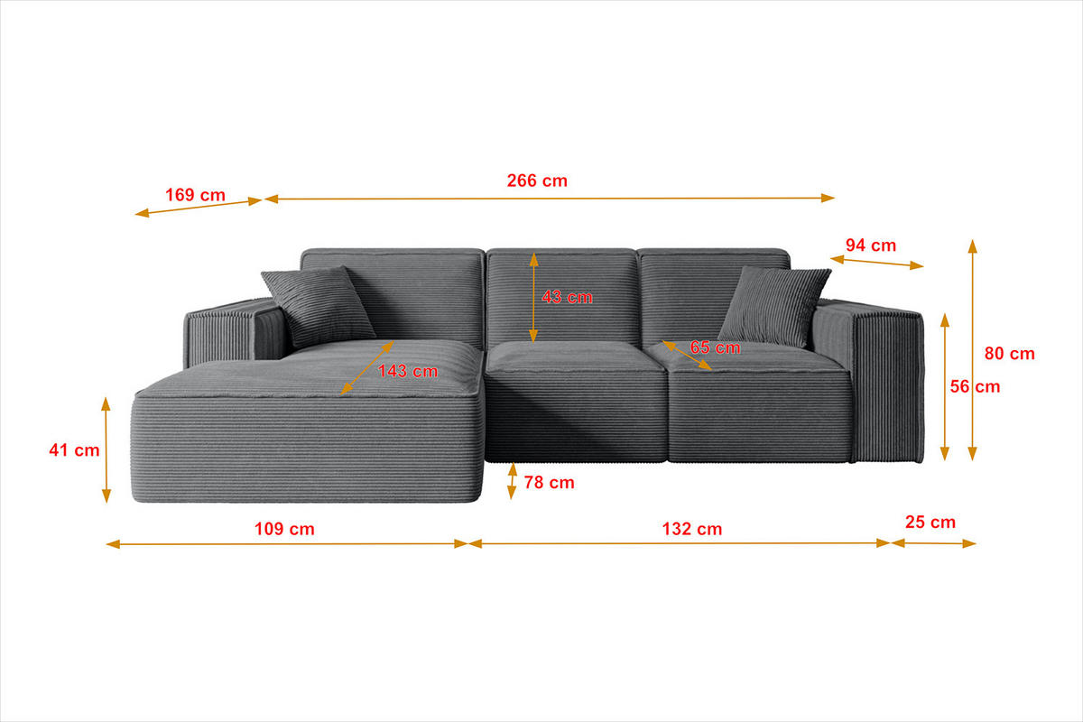 ECKSOFA Ottomane Rechts SERRA-L - 266x169x80 cm Beige Velours - Beige/Schwarz, Holzwerkstoff/Kunststoff (266/169cm) - ALTDECOR