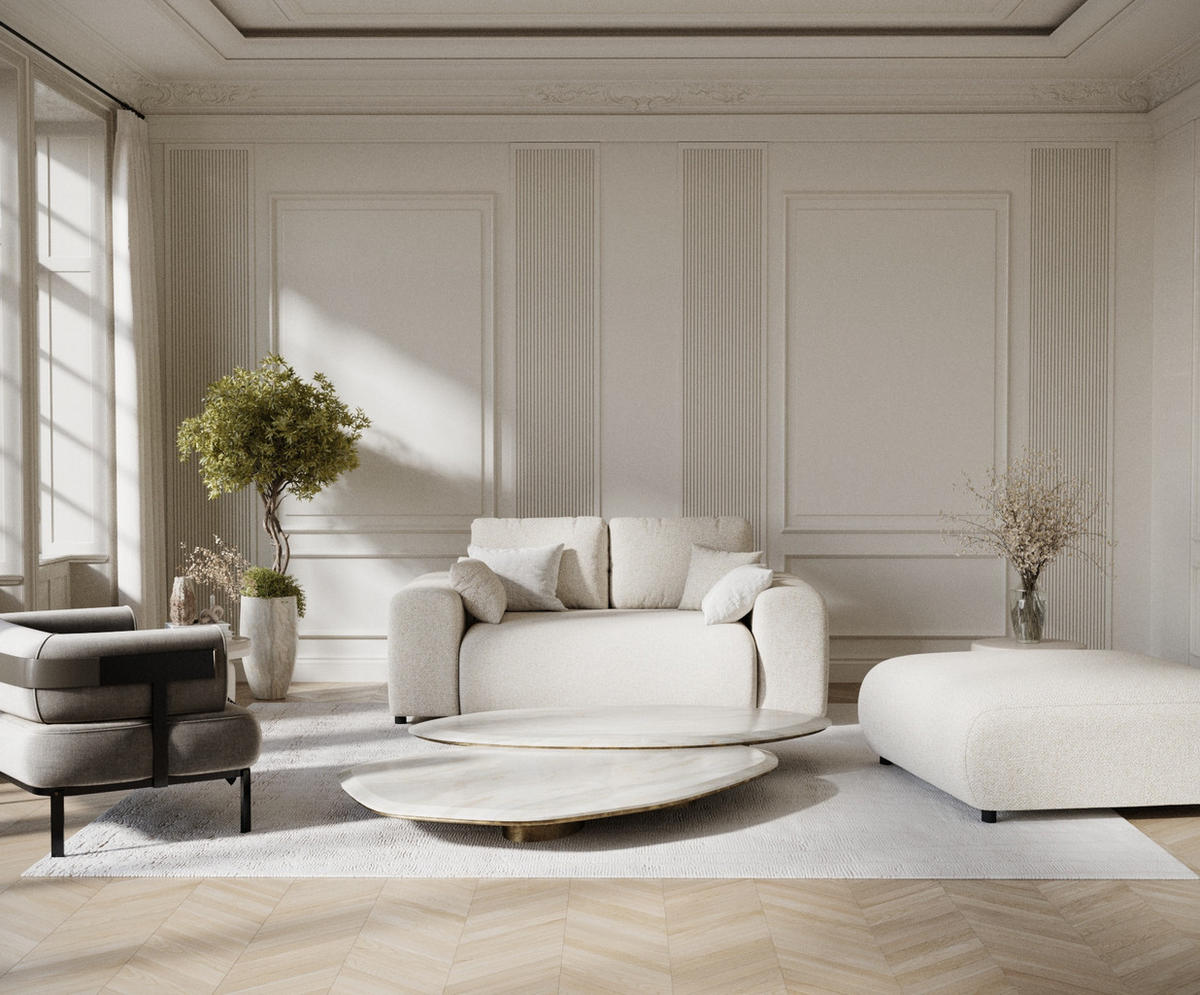 2-SITZER-SOFA Zanzibar Creme Plüschstoff - Creme/Schwarz, Holz/Holzwerkstoff (178/79/108cm) - Maison de Reve