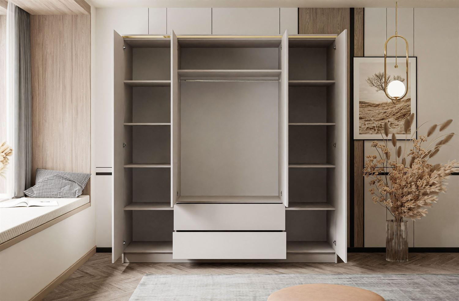 Thumbnail - Lookway Kleiderschrank, Kaschmir, Gold, Holzwerkstoff, Uni, 2 Schubladen, Rechteckig, 200x213x57 cm, Schlafzimmer, Kleid...