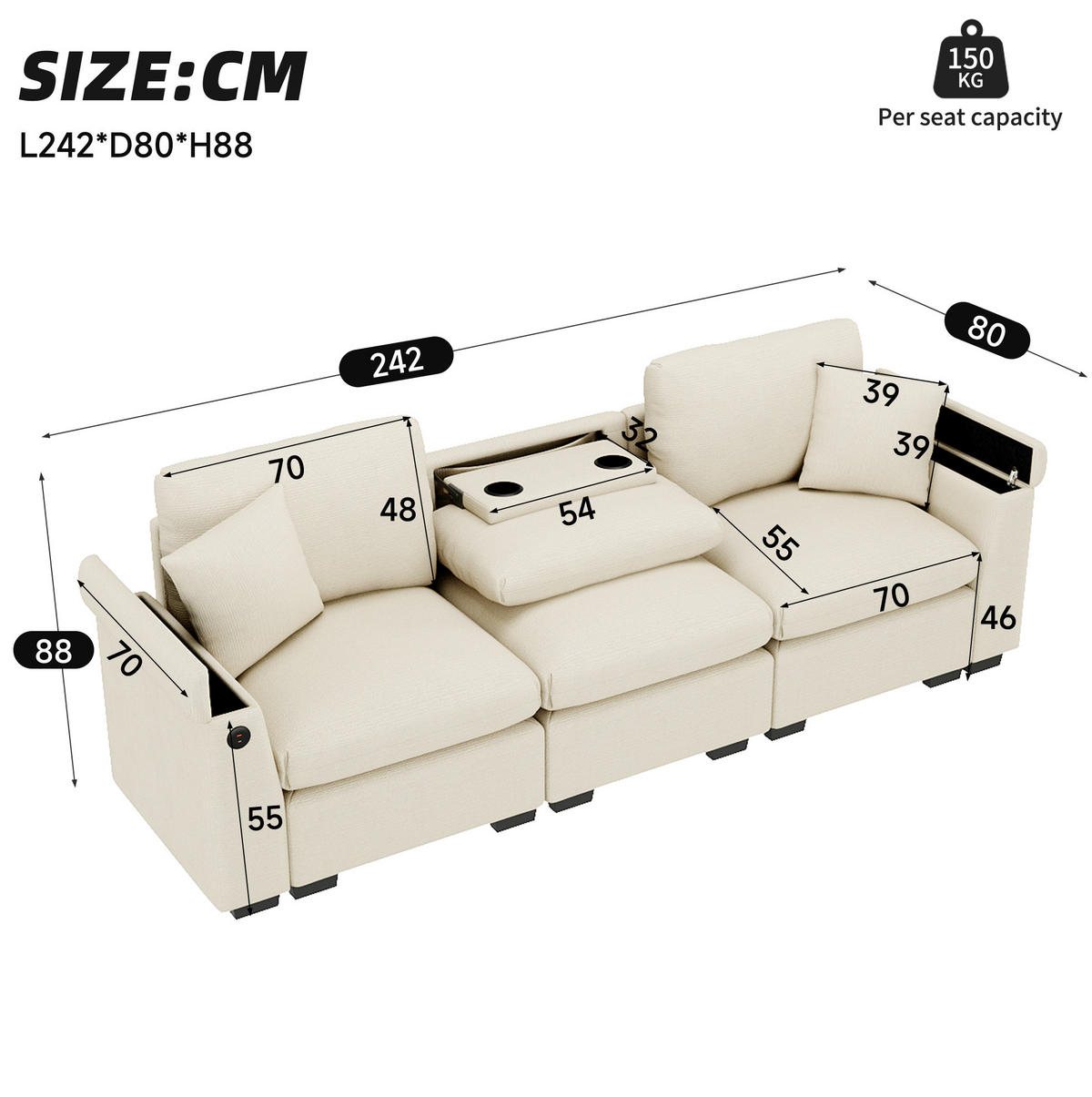 SOFA 3-Sitzer mit Klapptisch USB und Stauraum Chenille Beige - Beige, Kunststoff (242/88/80cm) - Meubliv