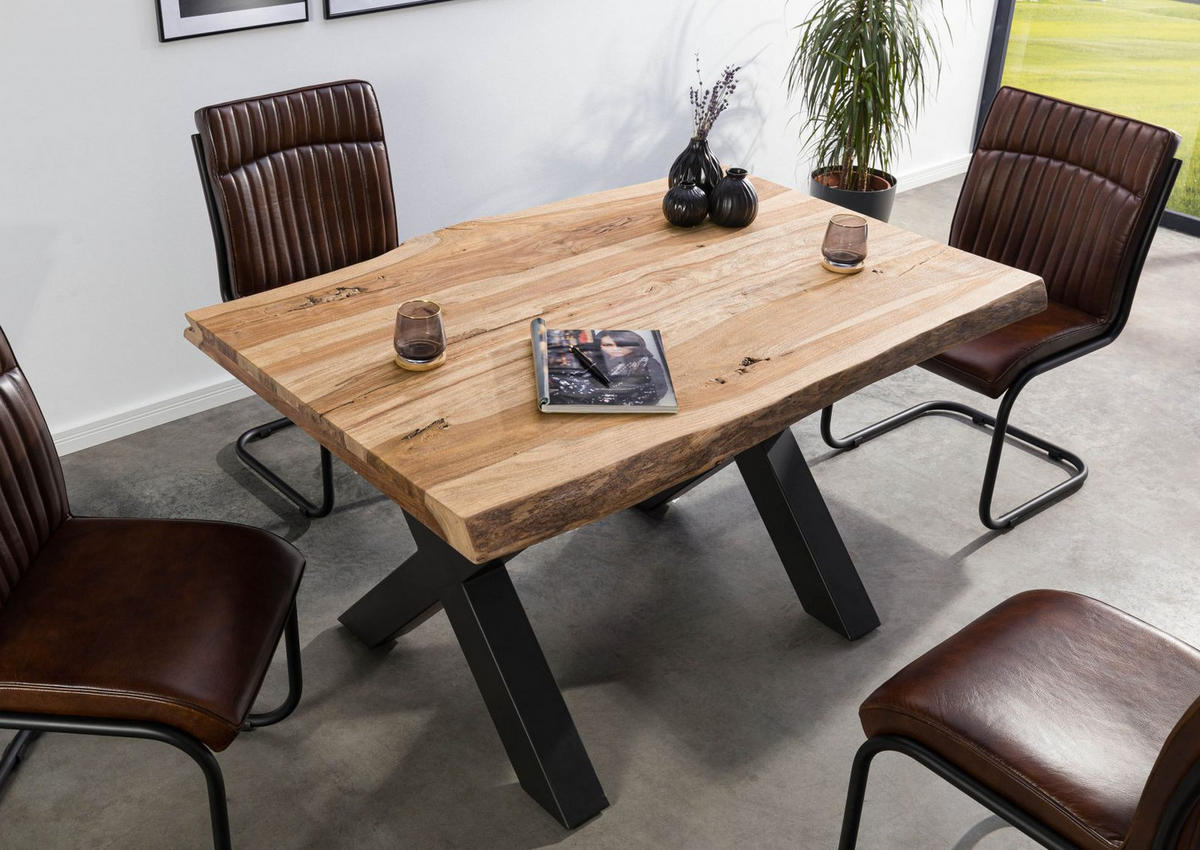 BAUMTISCH Sheesham 140x90x77 natur sandgestrahlt / X-Beine anthrazit matt FREEFORM 5 - Anthrazit/Naturfarben, Holz (140/90/77cm) - Massivmoebel24