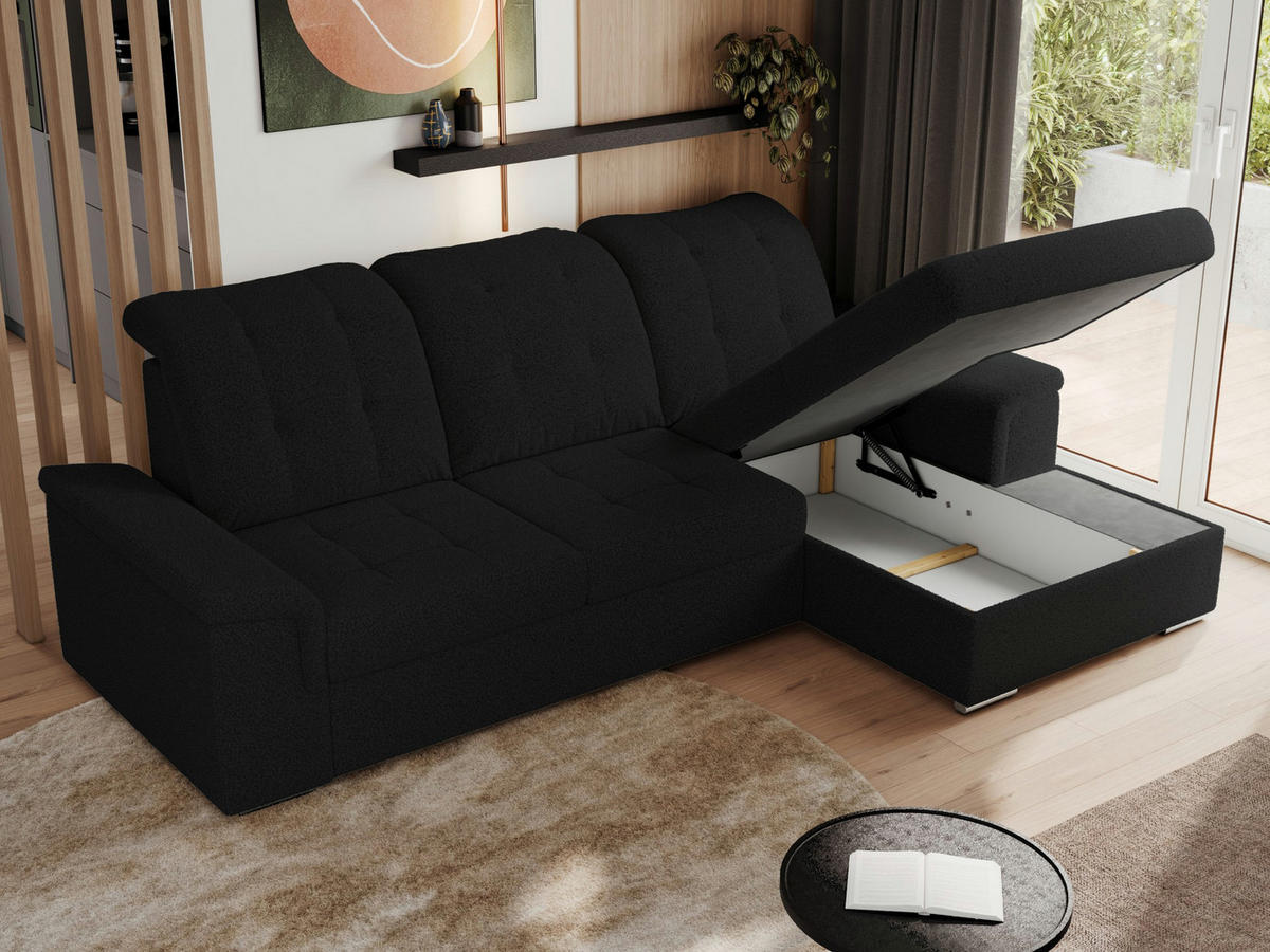 ECKSOFA MADRITO L - Schwarz Boucle - Rechts - Silberfarben/Schwarz, Textil/Metall (256/160cm)