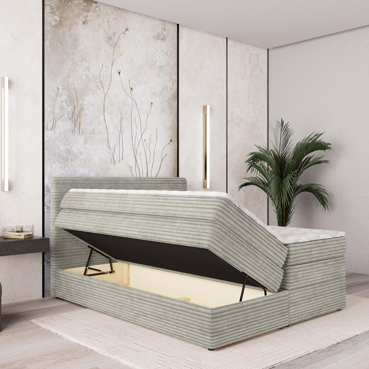 BOXSPRINGBETT LUNERA 160x200 cm mit Matratze und Topper - Hellgrau - Hellgrau, Holz (160/200cm) - MASSENO